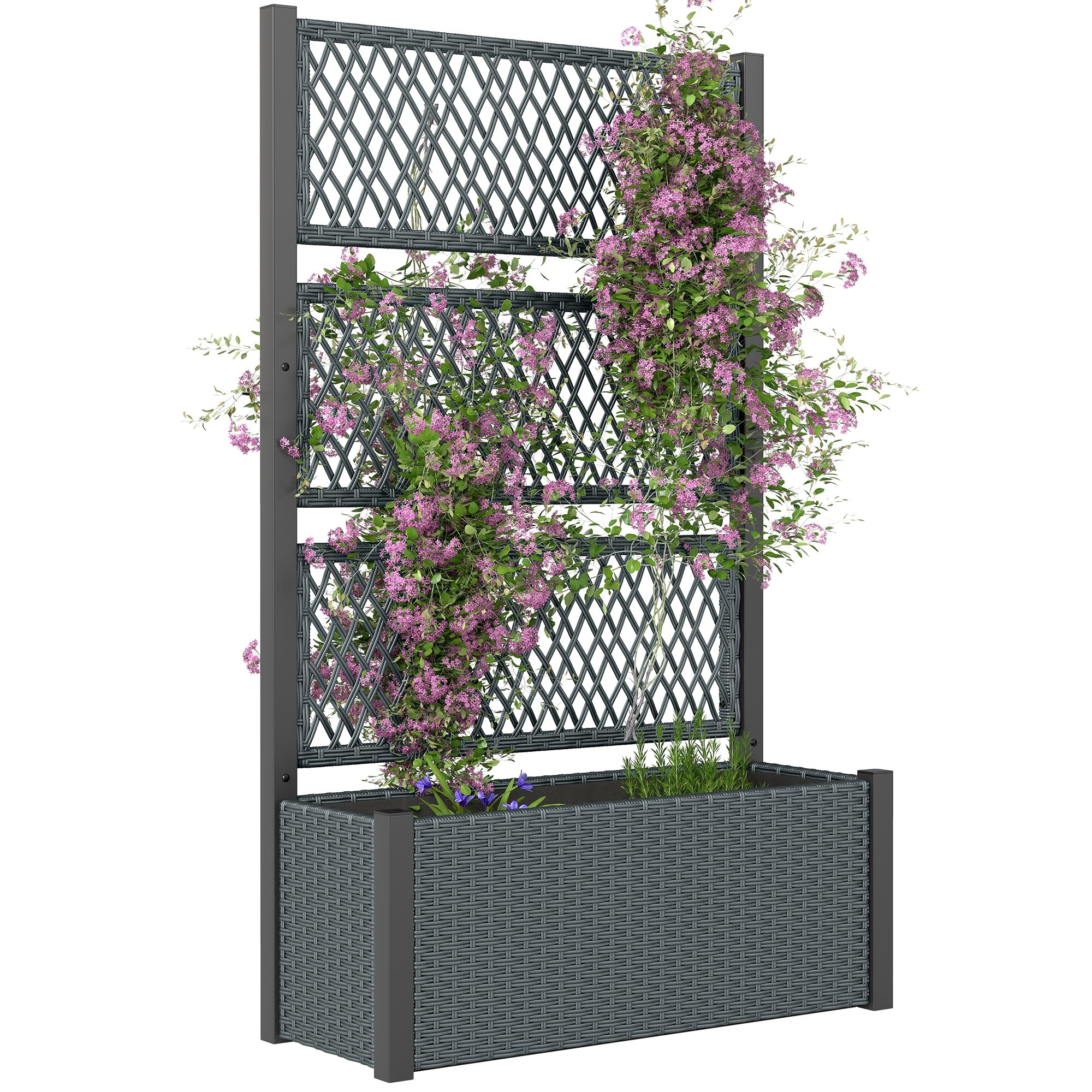 Outsunny Wicker Outdoor Planter with Trellis, 58" Standing Raised Garden Bed with Liner, Drainage Holes, Privacy Screen Planter Box for Climbing Plants, Flowers, Dark Grey