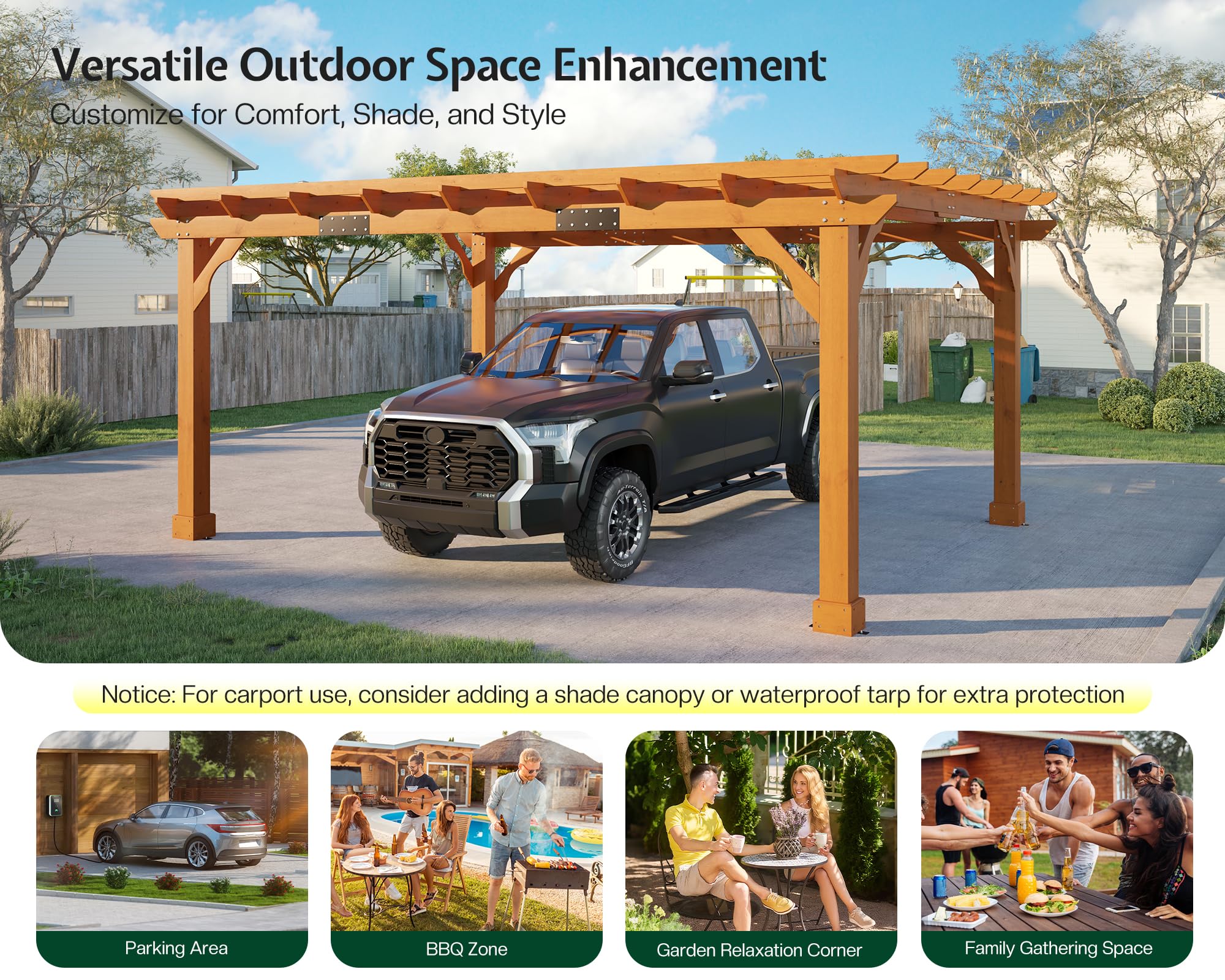 Jocisland 12x14 FT Premium Cedar Wood Pergola with Trellis Roof & Weather-Resistant Support, Outdoor Pergola Kit with Stakes, Garden Gazebo for Patio, Backyard & Events, Reddish-Brown