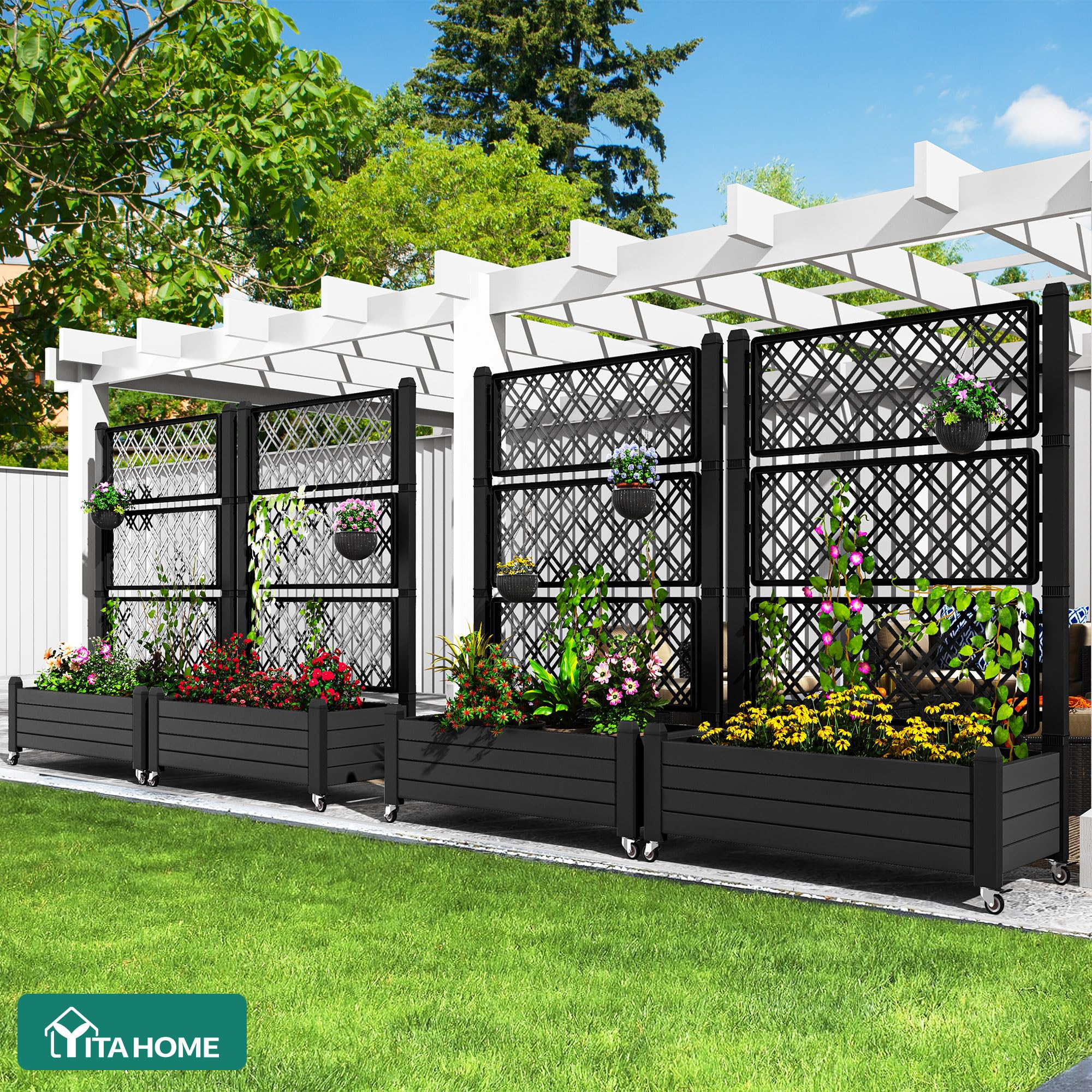 YITAHOME 43.3x17.7x61 in Planter Box with Trellis 2pcs Outdoor Resin Raised Garden Bed with Wheels & Drain Plug for Climbing Plants, Weather-Resistant Outdoor Privacy Screen, Black