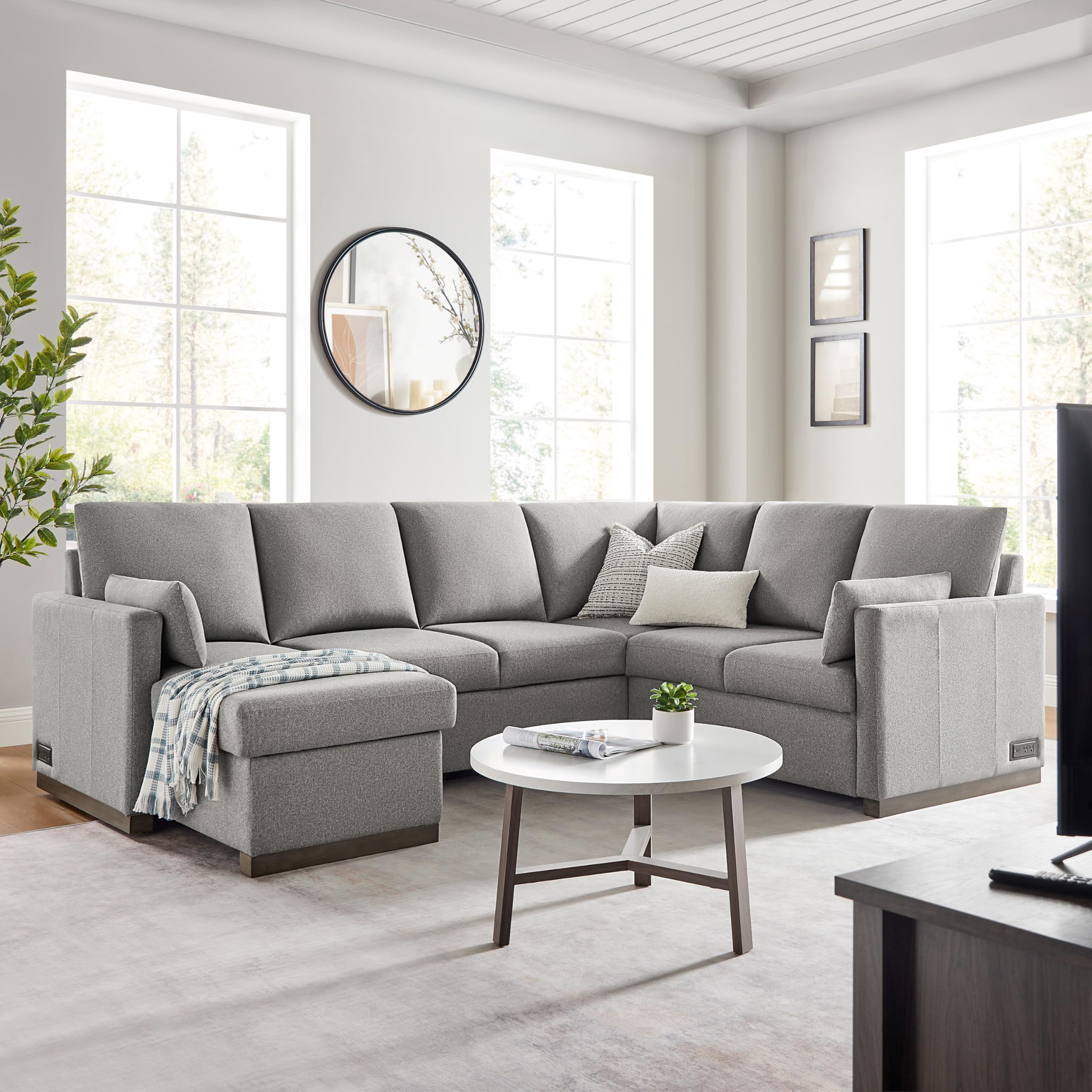 Serta® Emmett 110.2" Convertible Sleeper Sectional, Queen Size, Dreamcoil® Comfort, Reversible Storage Chaise, USB-C and USB-A Power Ports, Woven Fabric, Light Grey
