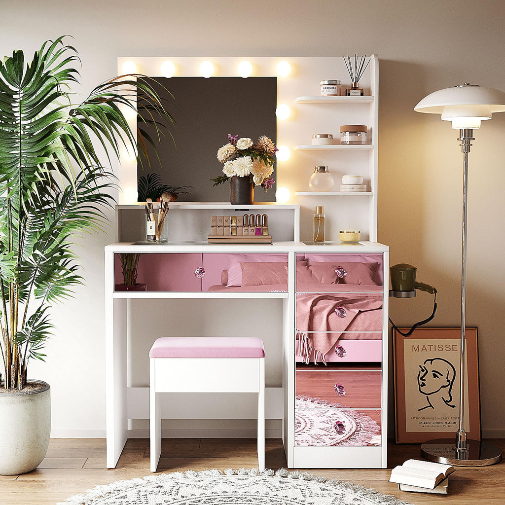 Merax Vanity Desk with Mirror and Lights, Pink Makeup Vanity Set with 9 LED Bulbs and Power Outlet, 6 Storage Drawer & Shelves, Dressing Table Set with Pink Vanity Stool for Girls & Women