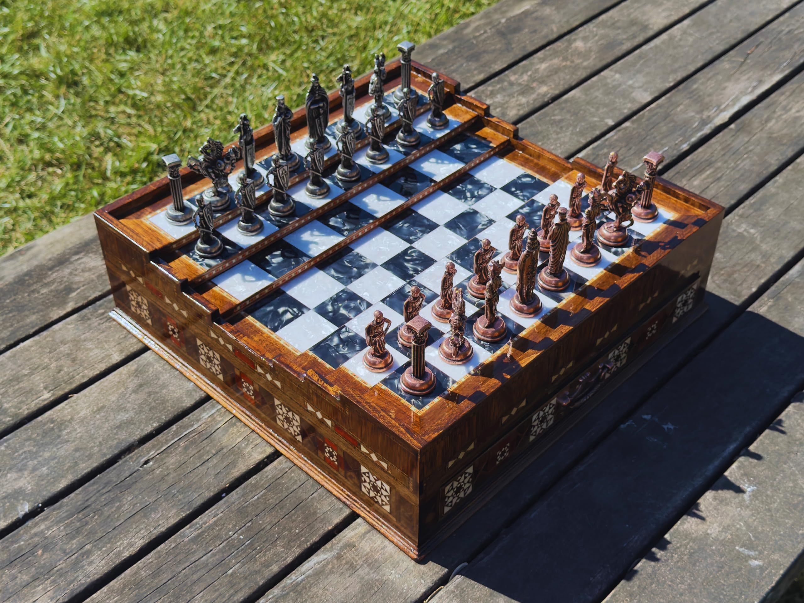 Luxury Handmade Wooden Chess Set with Storage Drawers – Large Walnut & Rosewood Chess Board with Weighted Metal British Pieces – Chess Set for Adults, Men & Dad