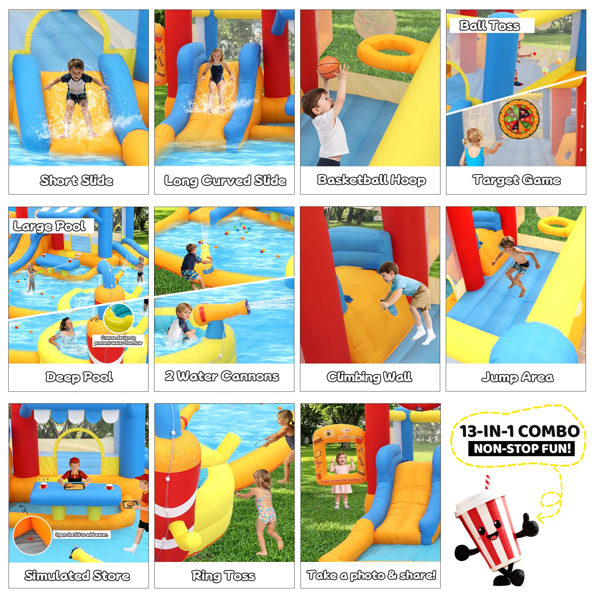 Large Inflatable Water Slide Park for Big Kids, 13-in-1 Bounce House Water Slide with Double Slides, Blower, Splash Pool, Deep Pool, 16X15X7.7ft Burger Theme Party Outdoor Backyard Blow Up Water Slide