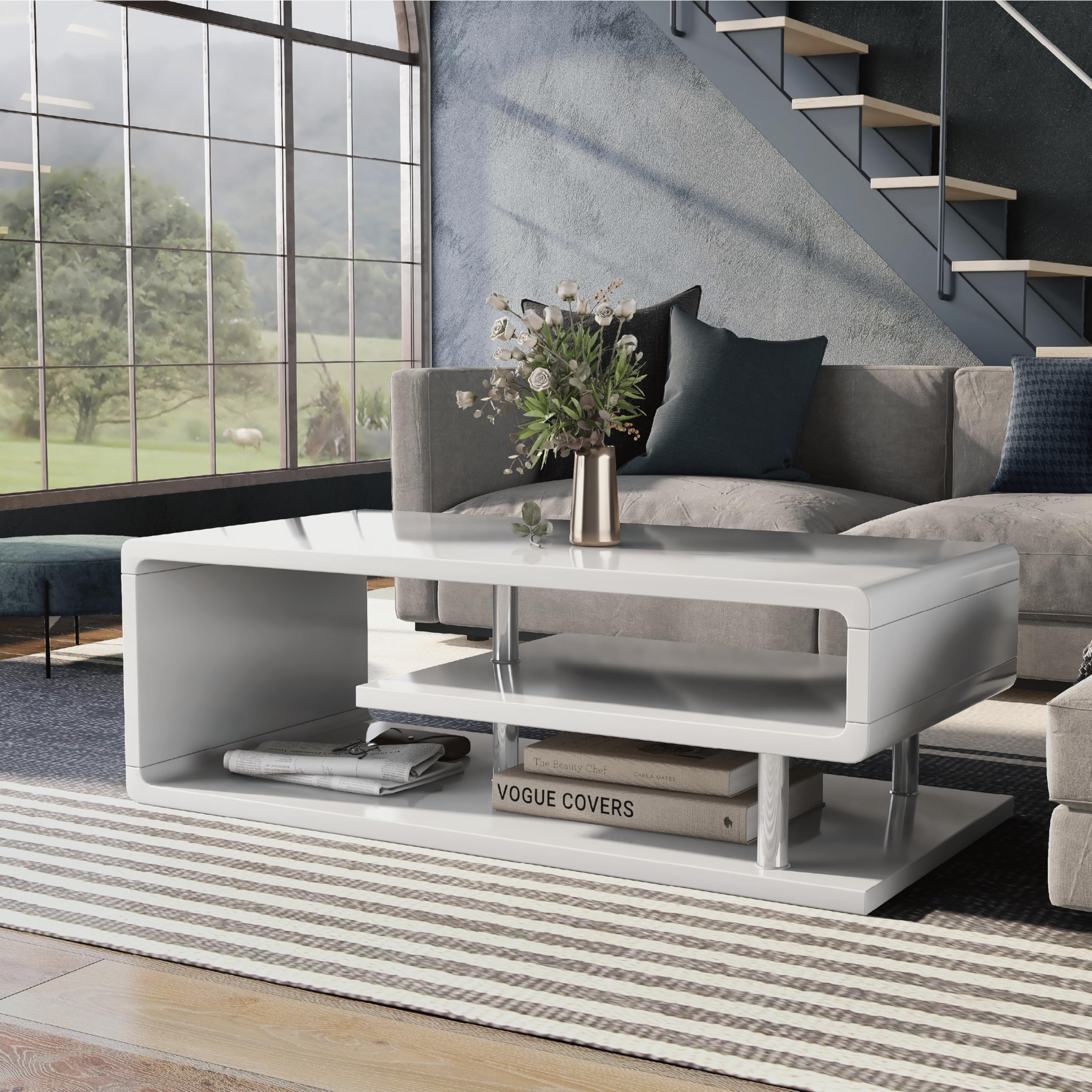 24/7 Shop At Home Vannie 47” Modern Rectangle Coffee Table, Contemporary Furniture, G-Shaped Open Shelf Storage For Living Room, Home Office, Bedroom, Gloss Coating, Round Edge, White