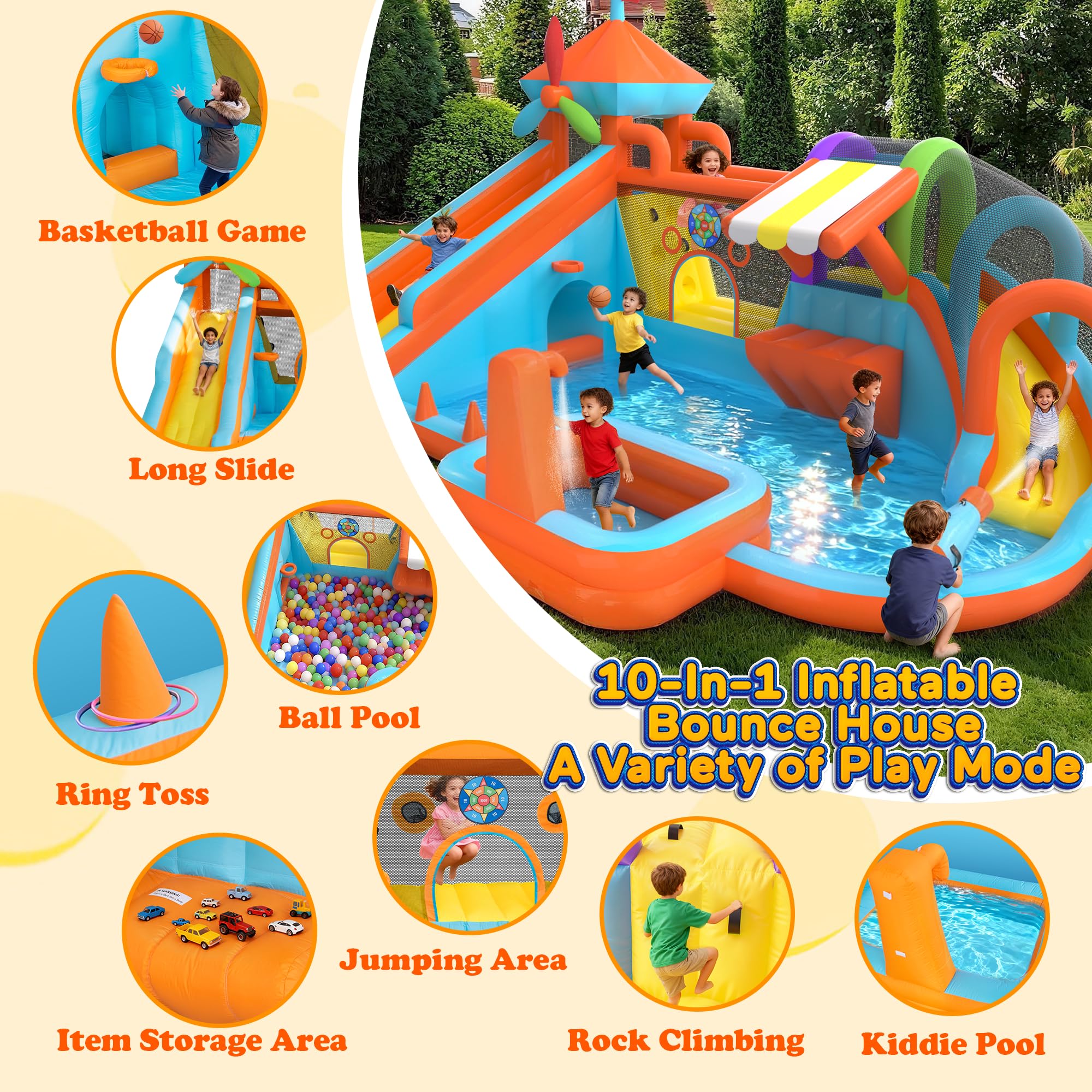 Inflatable Bounce House with Double Slide, 10 in 1 Large Bounce Castle with 750W Blower, Water Slide, Jumping, Splash Pool, Climbing Wall, Toy Stand, Water Cannon, Basketball, Tunnel, Outdoor, Orange