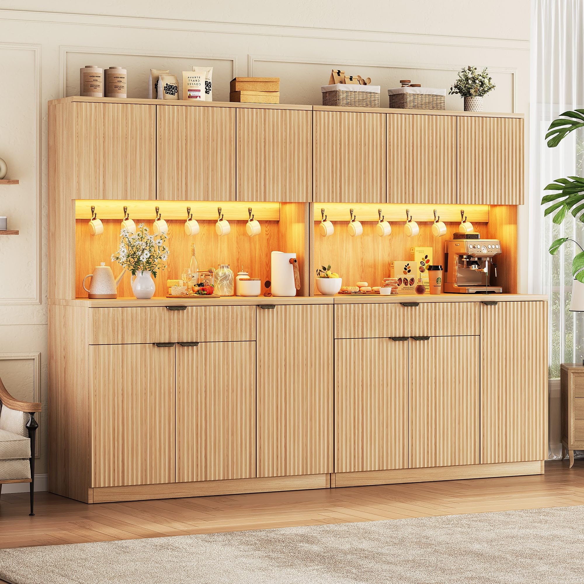 Jocoevol Fluted Kitchen Pantry Storage Cabinet with Charging Station/LED Light/Doors/Shelves, 71'' Tall Kitchen Food Hutch with Microwave Stand for Dining Room Living Room (Natural, 41 * 15.7 * 71)