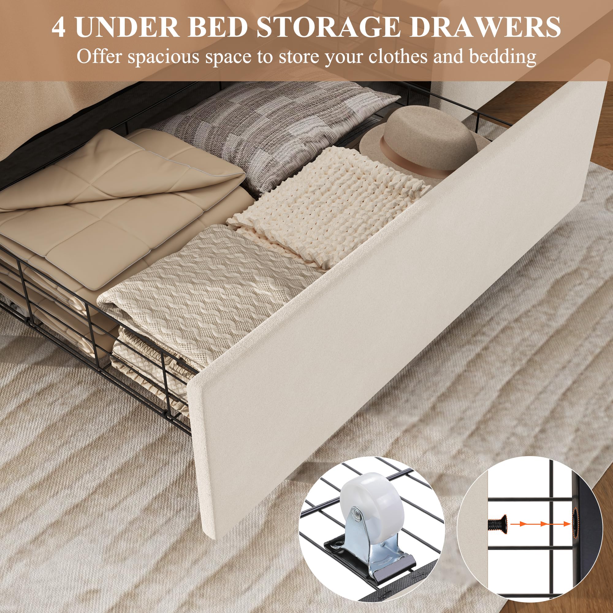 Keyluv Modern Queen Size Upholstered Bed Frame with 4 Storage Drawers, Button Tufted Headboard Design, Solid Wooden Slat Support, Easy Assembly, Soft Velvet, Beige