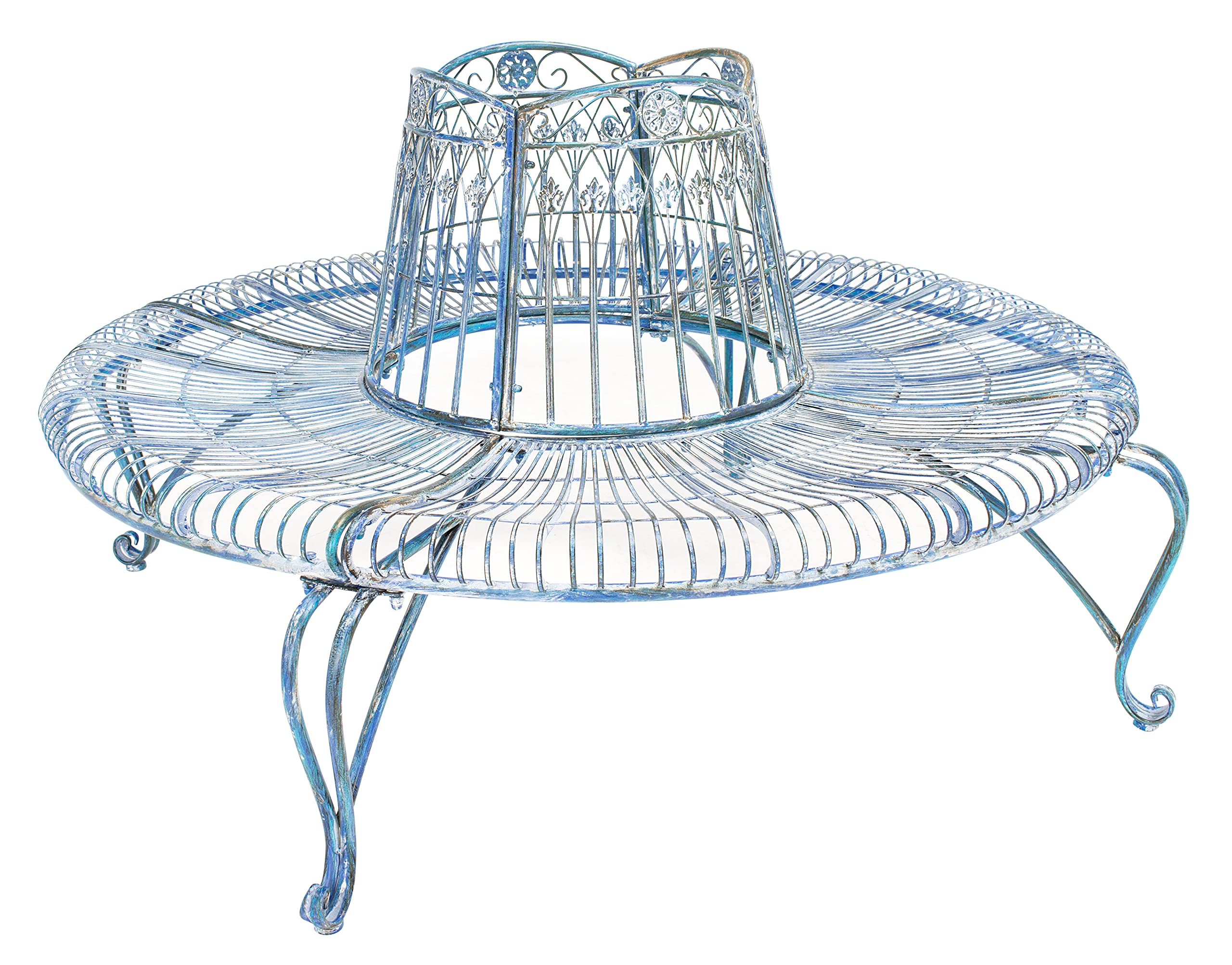 SAFAVIEH Outdoor - Ally Iron Tree Bench - Mossy Blue Iron Metal - Curved Scrollwork Garden Design - Ideal for Patio, Deck, Porch, Garden, 17.5" Seat Height (PAT5019C)