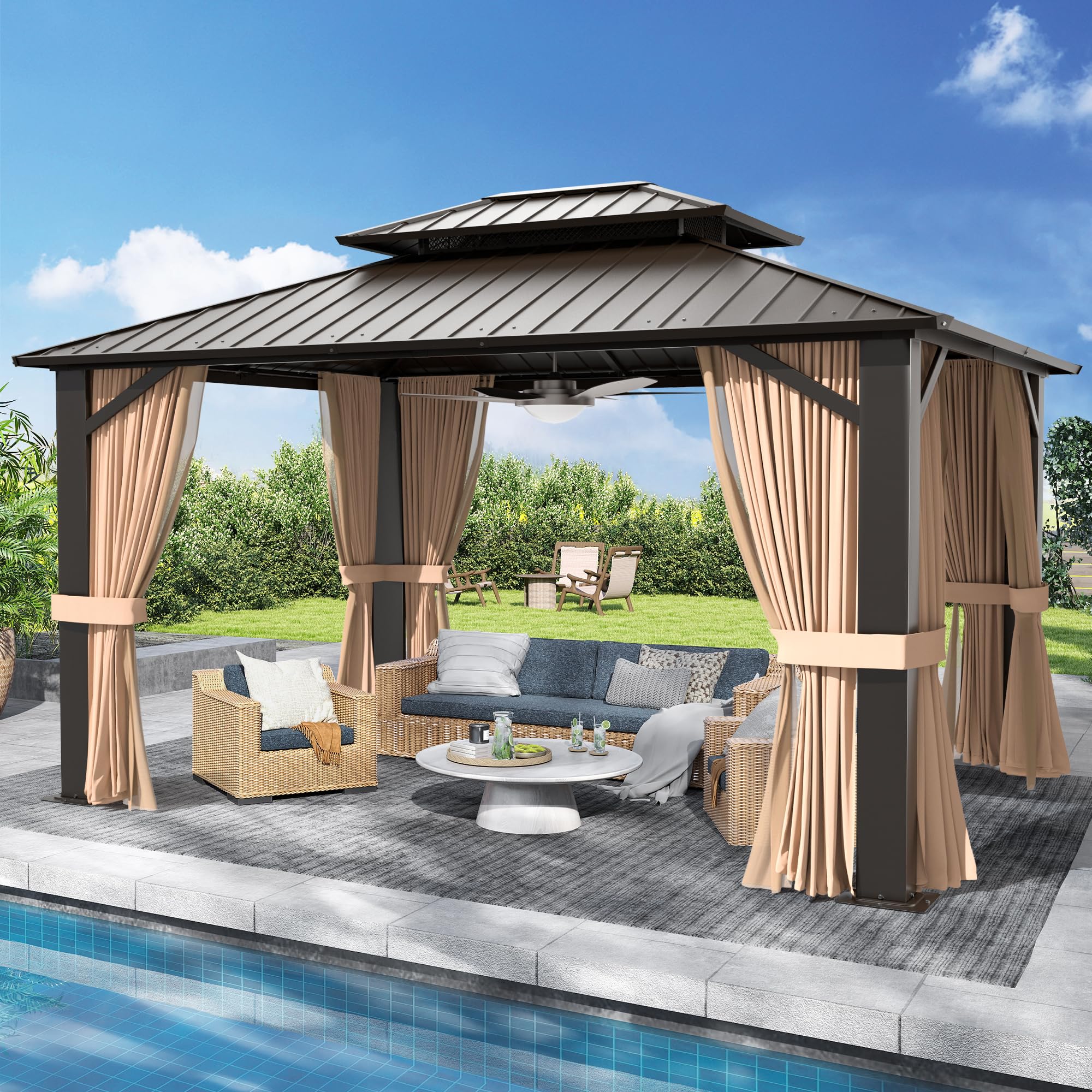 SOLUMIA 10’x12’ Hardtop Gazebo, Galvanized Steel Double Roof Canopy with Aluminum Frame, Outdoor Pavilion with Nettings and Curtains