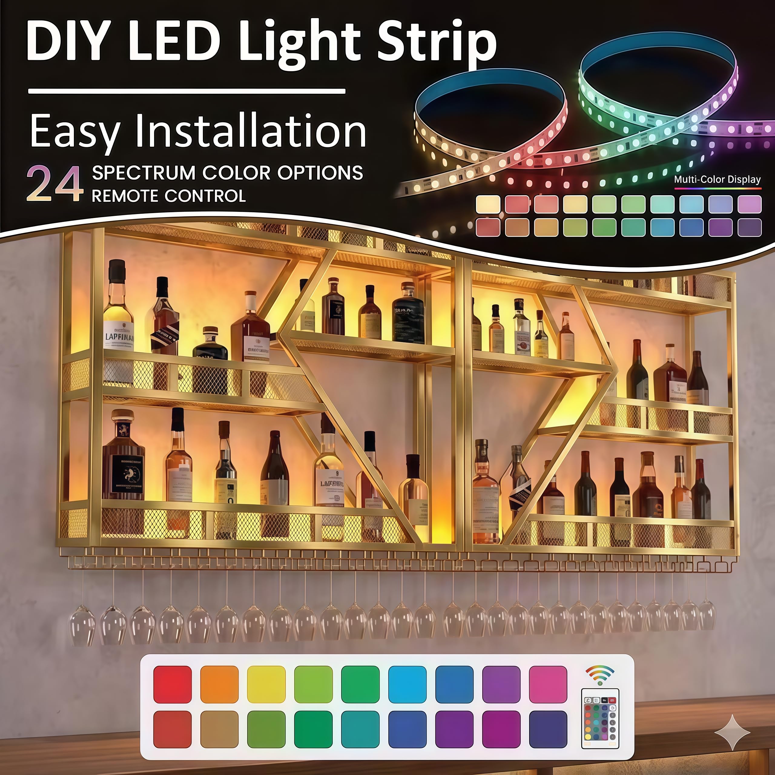 79in Wall Mounted Liquor Shelves with LED Lights, Industrial Metal Wall Bar Rack with Wine Glass Holder, Large Bottle Display Shelf for Home Kitchen (Gold)