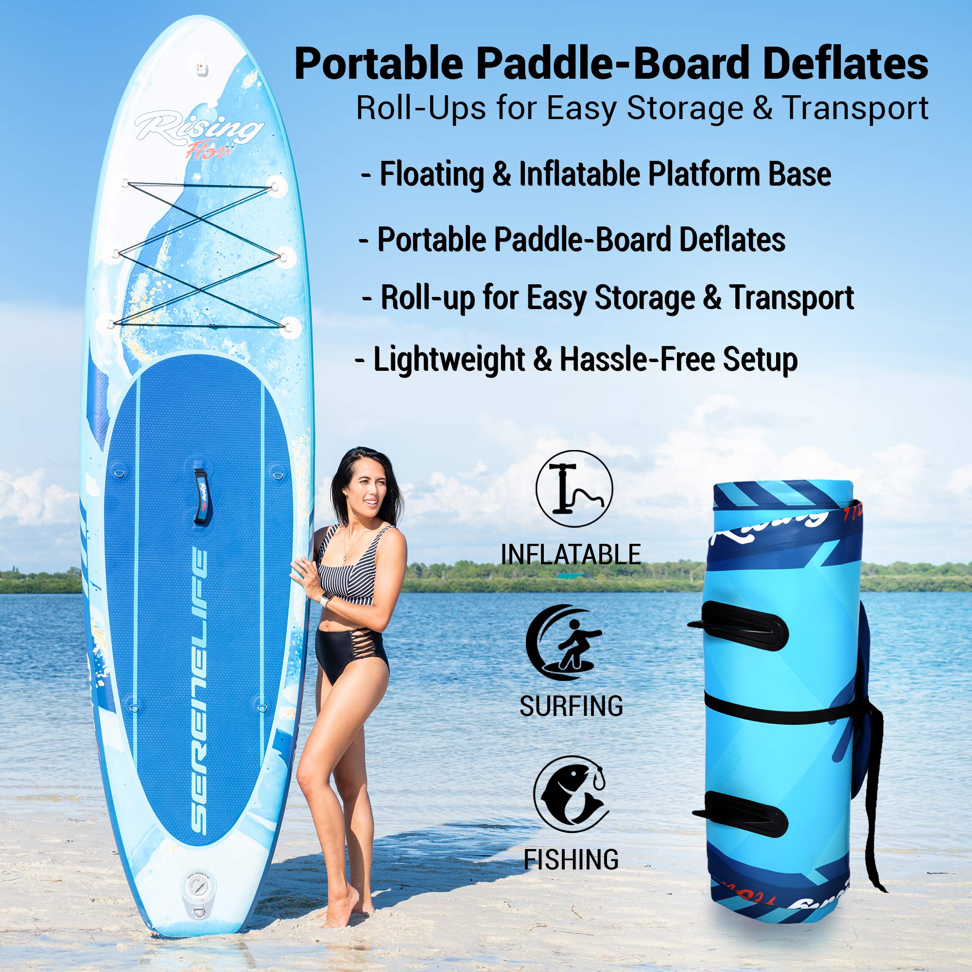 SereneLife Inflatable Stand Up Paddle Board - Wide Stable Design, Non-Slip Deck for Adults & Youth with Premium Paddle Board Accessories: Carry Bag, Dual Action Pump, Paddle, Ankle Leash - 10'6"