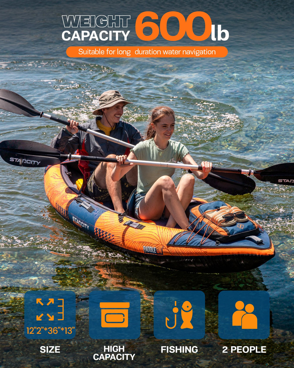 Kayak Inflatable Sit on Top Tandem Wide Stable Touring Fishing Performance 600 pound Capacity 12"2"*36"*13" for Lake Coastal Exploration Family Kayak Beginners Angler Kayak Adjustable Seat Footrest