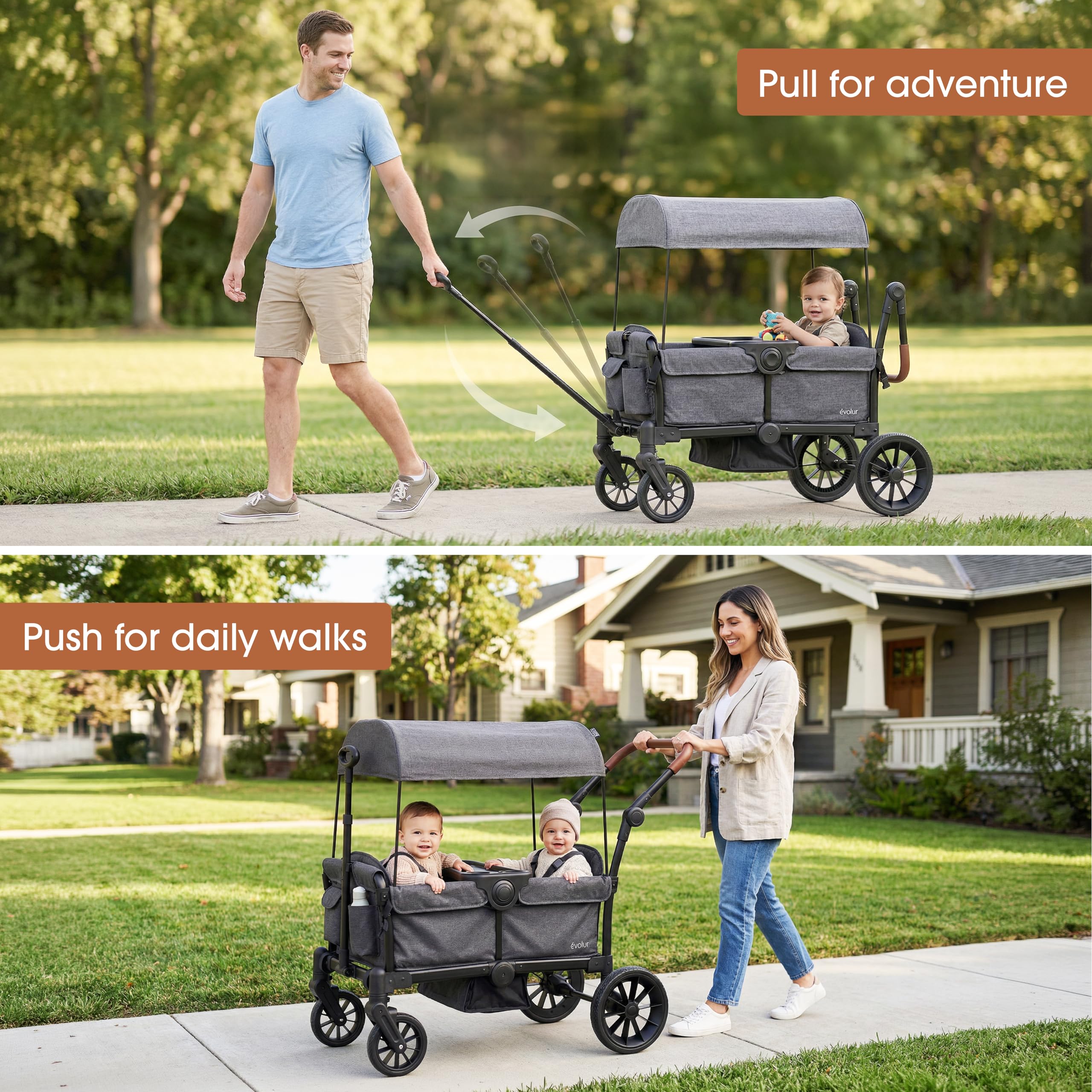 Evolur Trailblazer Wagon Double Stroller in Grey, Foldable Infant and Toddler Stroller Wagon, 5-Point Harness, Removable Canopy, All-Terrain Wheels, Spacious Storage for 2 Kids