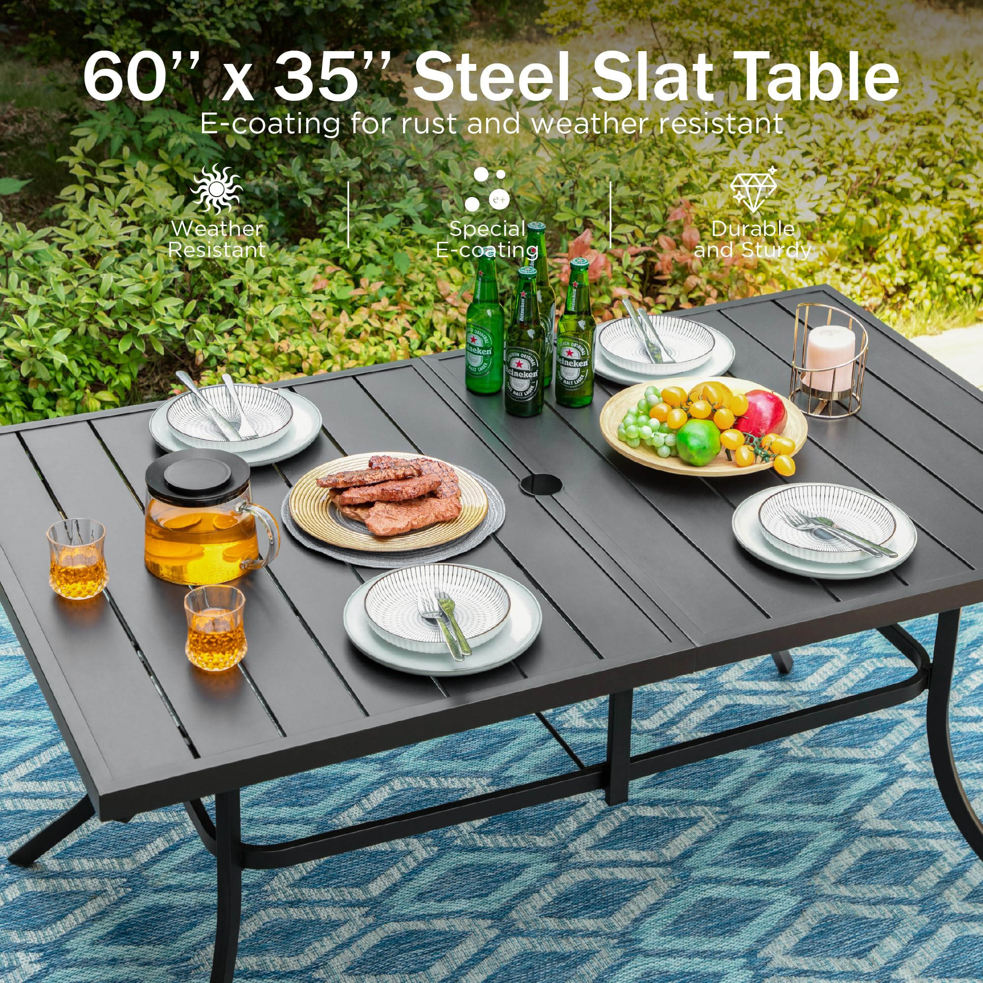 PHI VILLA Patio Dining Table and Chairs for 6,Outdoor Chairs with Textilene Fabric,Quick-Dry and Waterproof,Large Metal Table with Umbrella Hole,Durable and Sturdy for Outside,Garden,Yard
