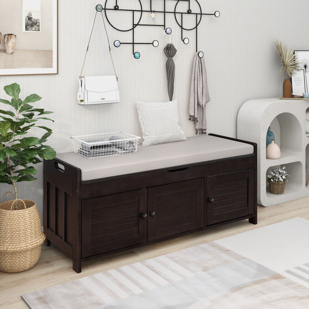 Brisca Wood Storage Bench 3 Shutter-Shaped Doors,Multifunction Shoebox,W/ 2 Size and Removable Cushion & Hidden Savings Space,for Entryway,Bedroom,Living Room,Espresso