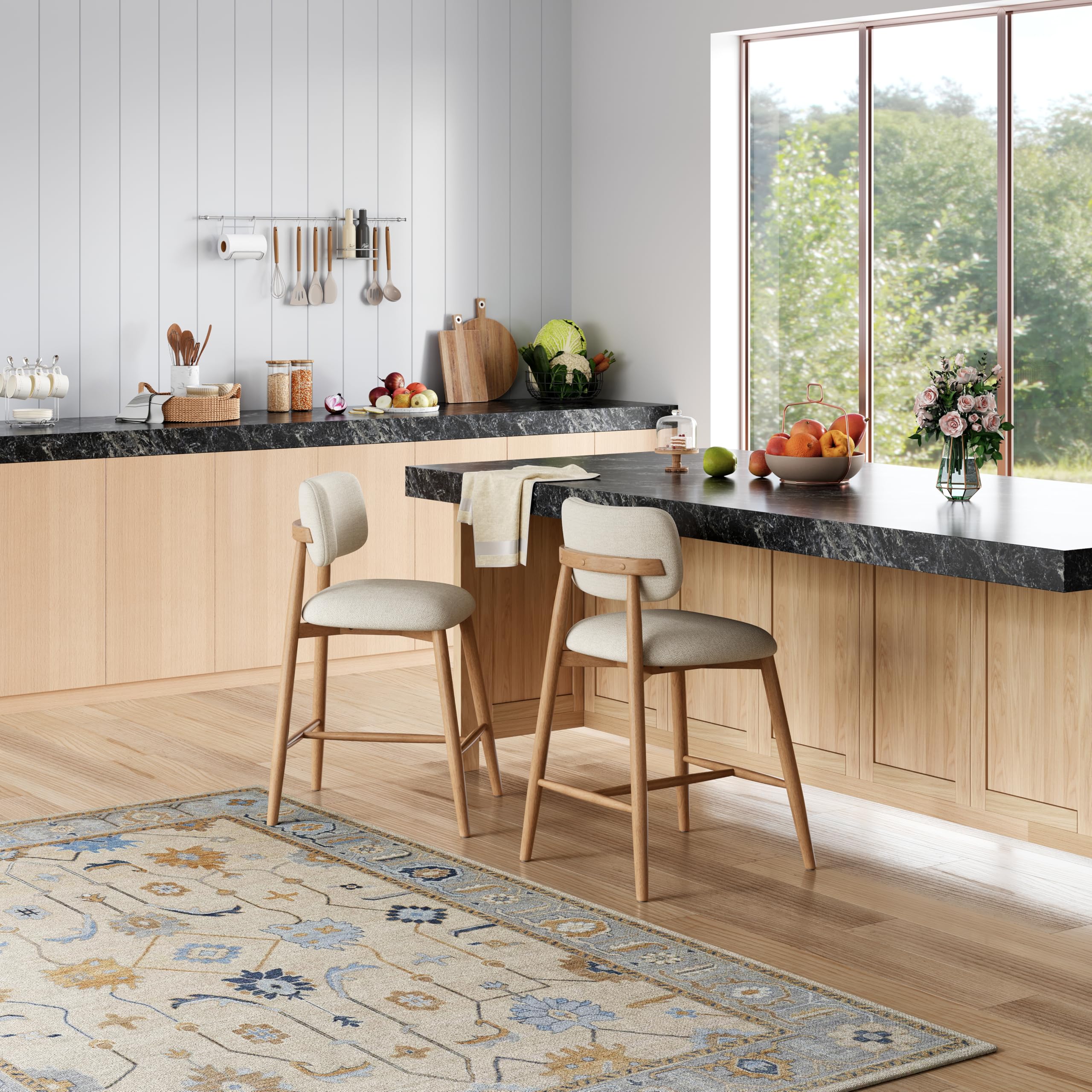 Christopher Knight Home Mundo Counter Height Bar Stools Set of 2, Fabric Upholstered Counter Stools and Curved Backrest, Rubberwood Kitchen Island Armchair with Splayed Legs, Beige + Natural