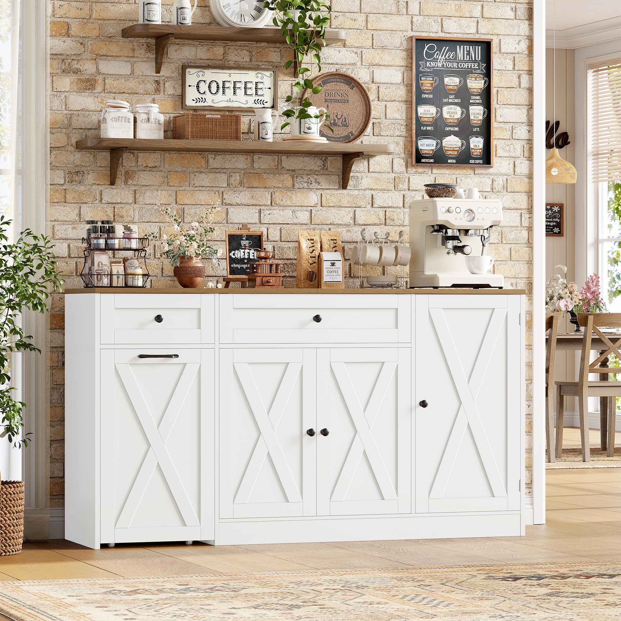 HOSTACK Multifunctional Storage Cabinet - 59" Buffet Cabinet with Charging Station, Large Kitchen Buffet Sideboard with Rolling Cart, Farmhouse Coffee Bar Cabinet with Drawers for Dining Room, White