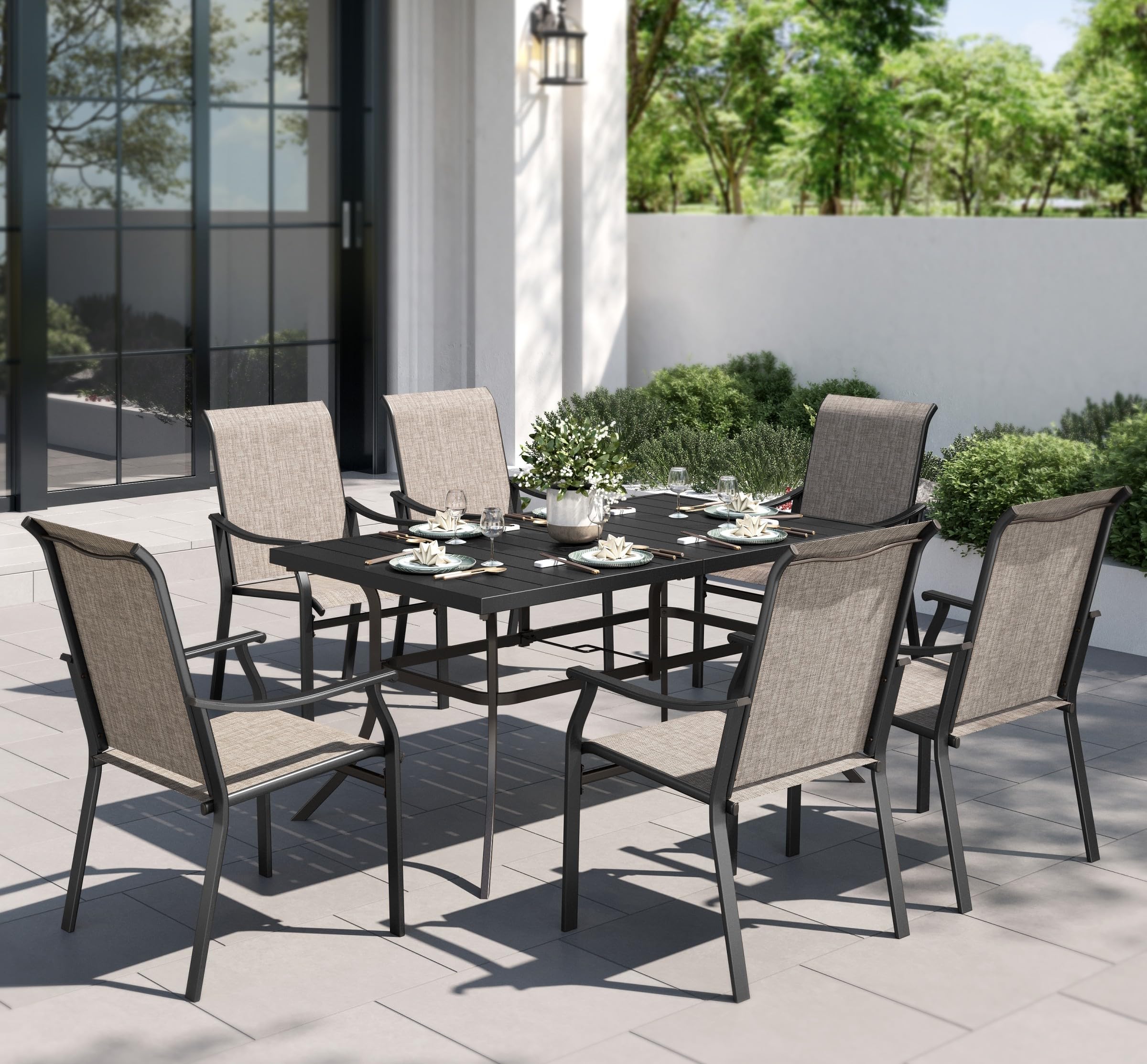 PHI VILLA Patio Dining Table and Chairs for 6,Outdoor Chairs with Textilene Fabric,Quick-Dry and Waterproof,Large Metal Table with Umbrella Hole,Durable and Sturdy for Outside,Garden,Yard