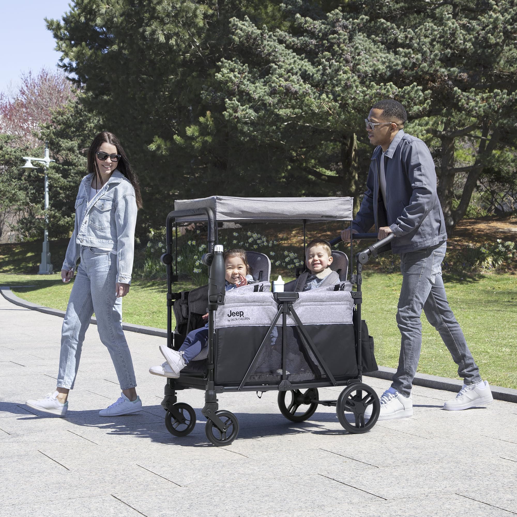 Delta Children - Jeep Aries Stroller Wagon - Premium Wagon for 2 Kids with Convertible Seats, Adjustable Push/Pull Handles, Removable Canopy & Flat Fold - Greenguard Gold Certified, Grey