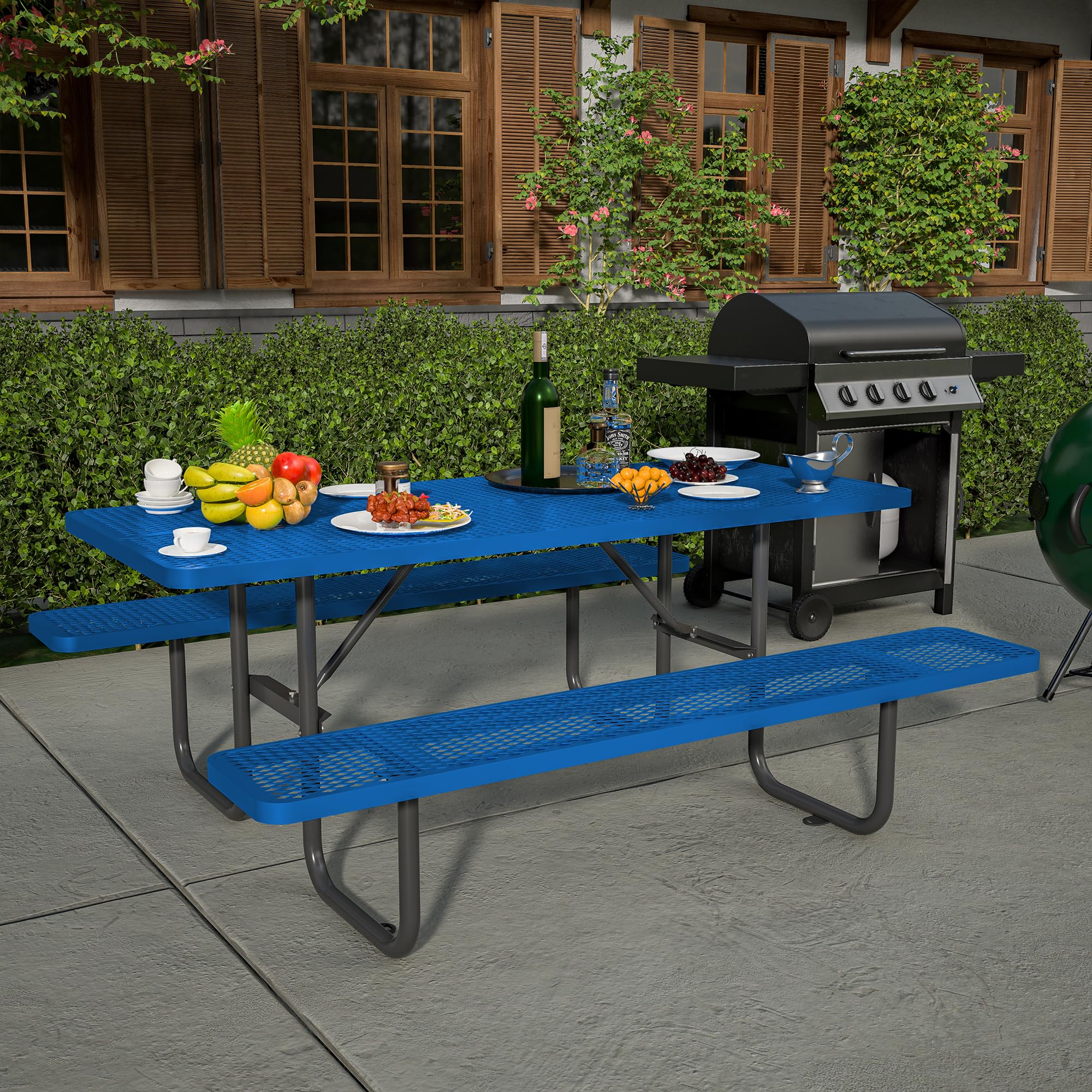 Dvasovio 72'' Rectangular Metal Picnic Table with 1.73" Umbrella Hole, Heavy Duty Steel Mesh Table Set, Weather Resistant Sturdy Outdoor Furniture, for Patio, Garden, Courtyard & BBQ, Blue
