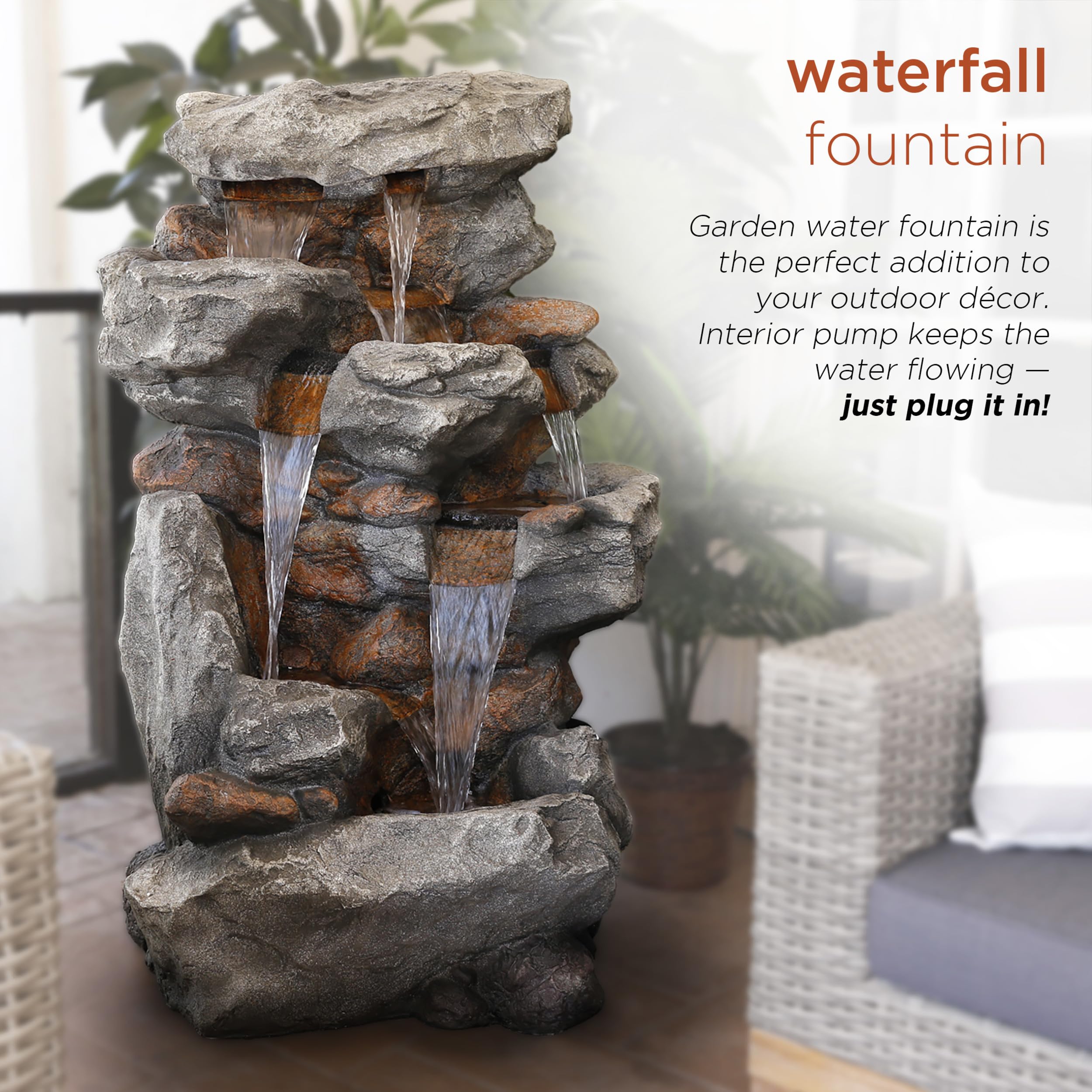 Alpine Corporation WIN730 Outdoor Floor Tiered Rock Waterfall Fountain with LED Lights and Natural Stone Look, 52", Brown