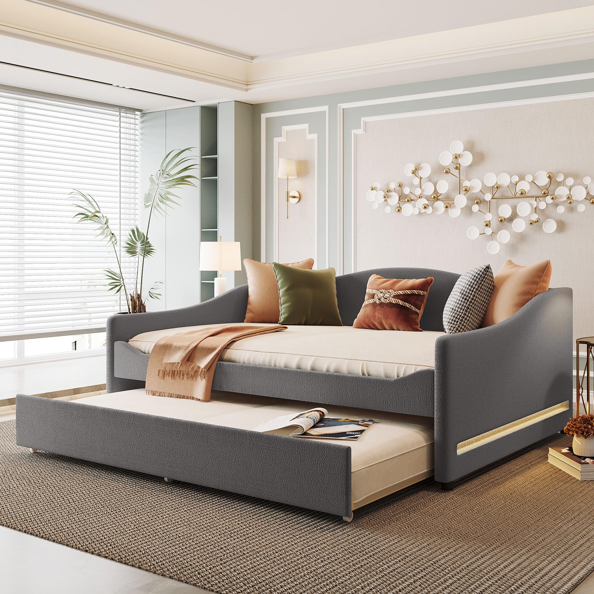 Merax Full Size Upholstered Daybed with Light and Trundle, Gray Teddy Fleece Sofa Bed Modern Wooden Platform Bed Frame for Bedroom, Living Room, Guest Room, Apartment