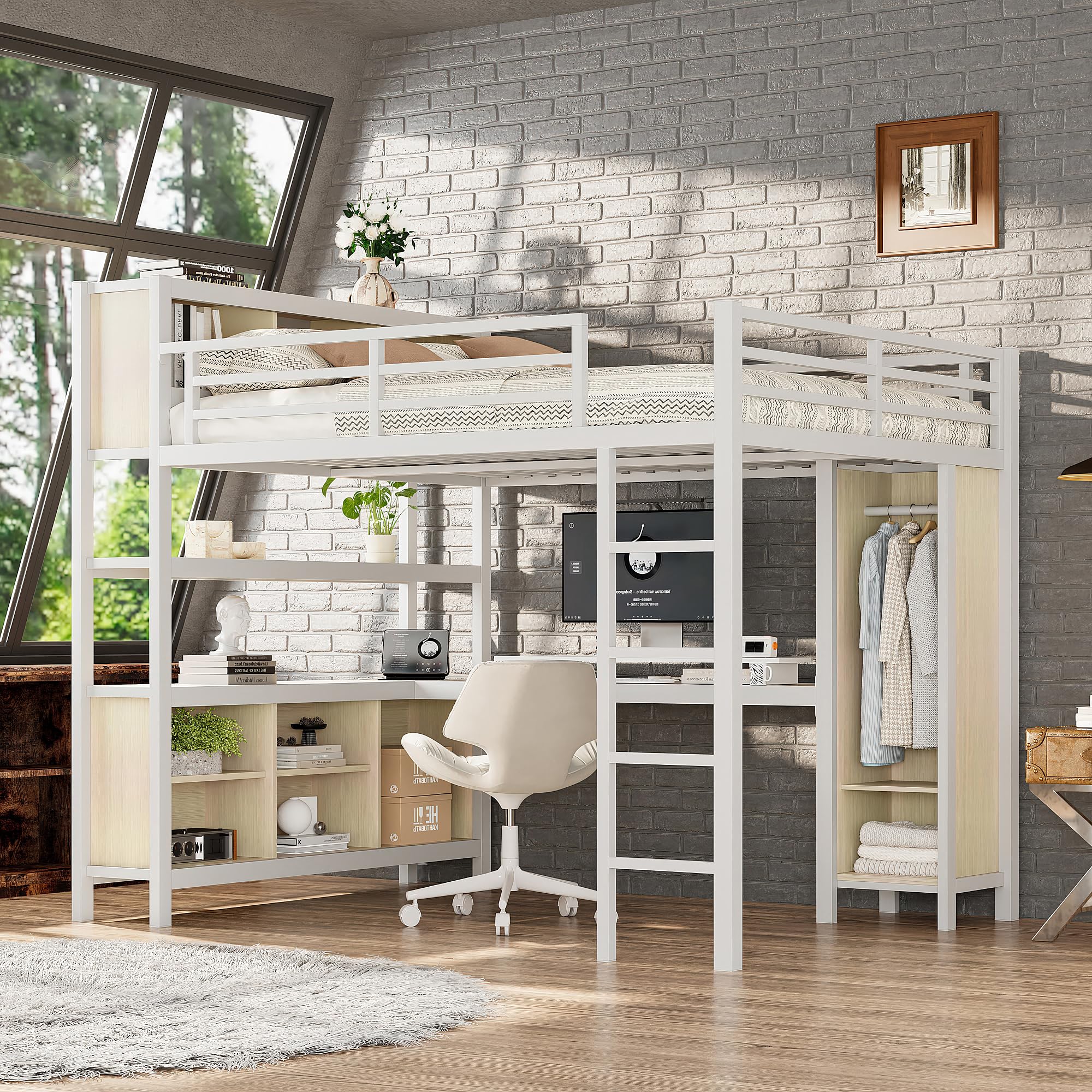 Bellemave Queen Loft Bed with Desk & Wardrobe, Heavy Duty Metal Loft Beds with Storage Shelves, Space Saving Loft Bed Queen Size with Safety Guard, White Wood Grain