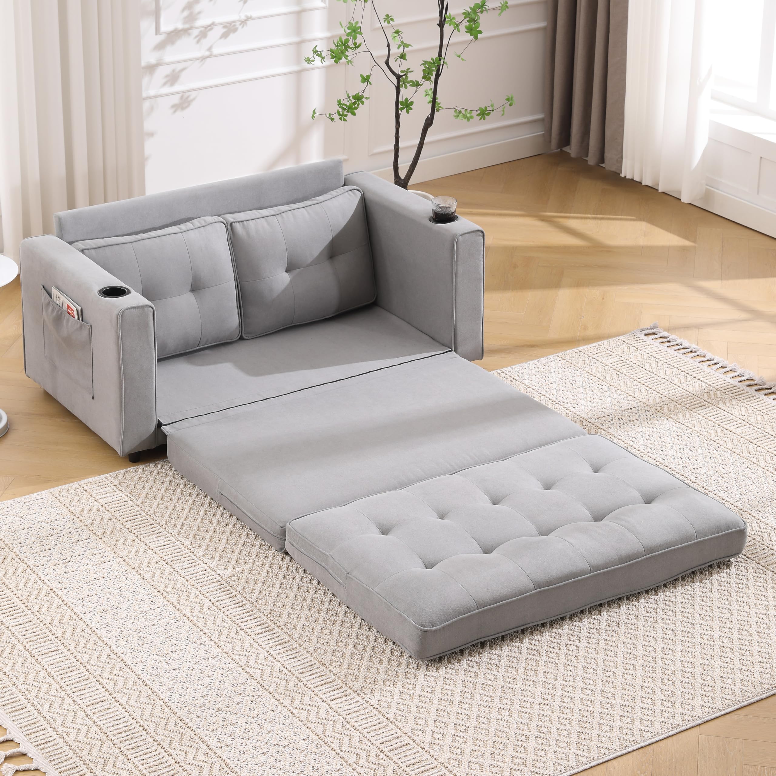 Trygoal Convertible Sofa Bed, Folding Loveseat Sleeper Sofa Bed with Pillows,Fold Out Floor Couch with Cup Holder, Fabric Pull Out Sleeper Couch Bed for Living Room, Bedroom Lounge, Light Gary