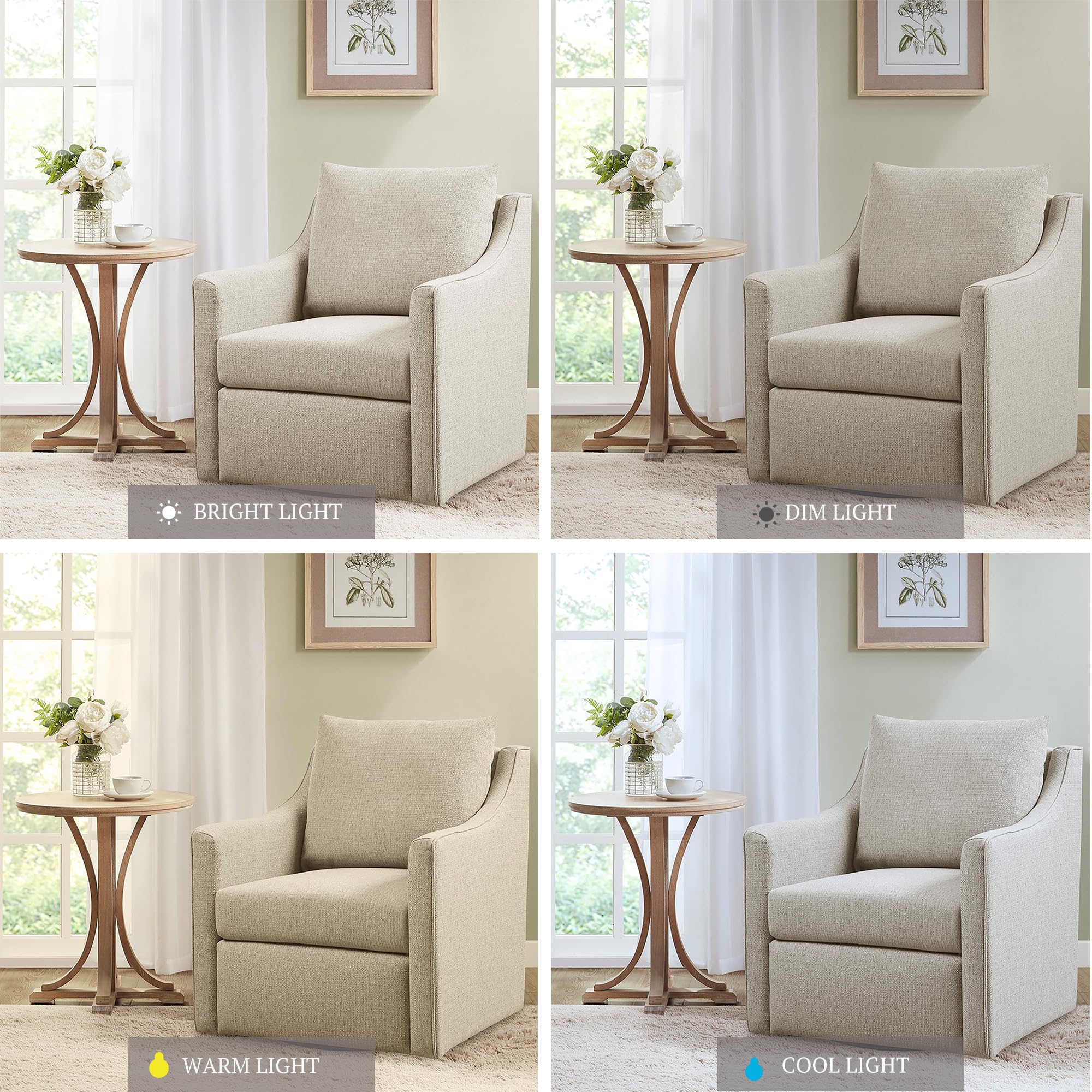 Martha Stewart Amber Swivel Chair for Living Room Barrel Style Bedroom Lounge Removable Foam Seat Cushion Upholstered, Nursery Furniture, Metal Base, Fully Assembled, 30.5" D x 30" W x 35" H, Natural