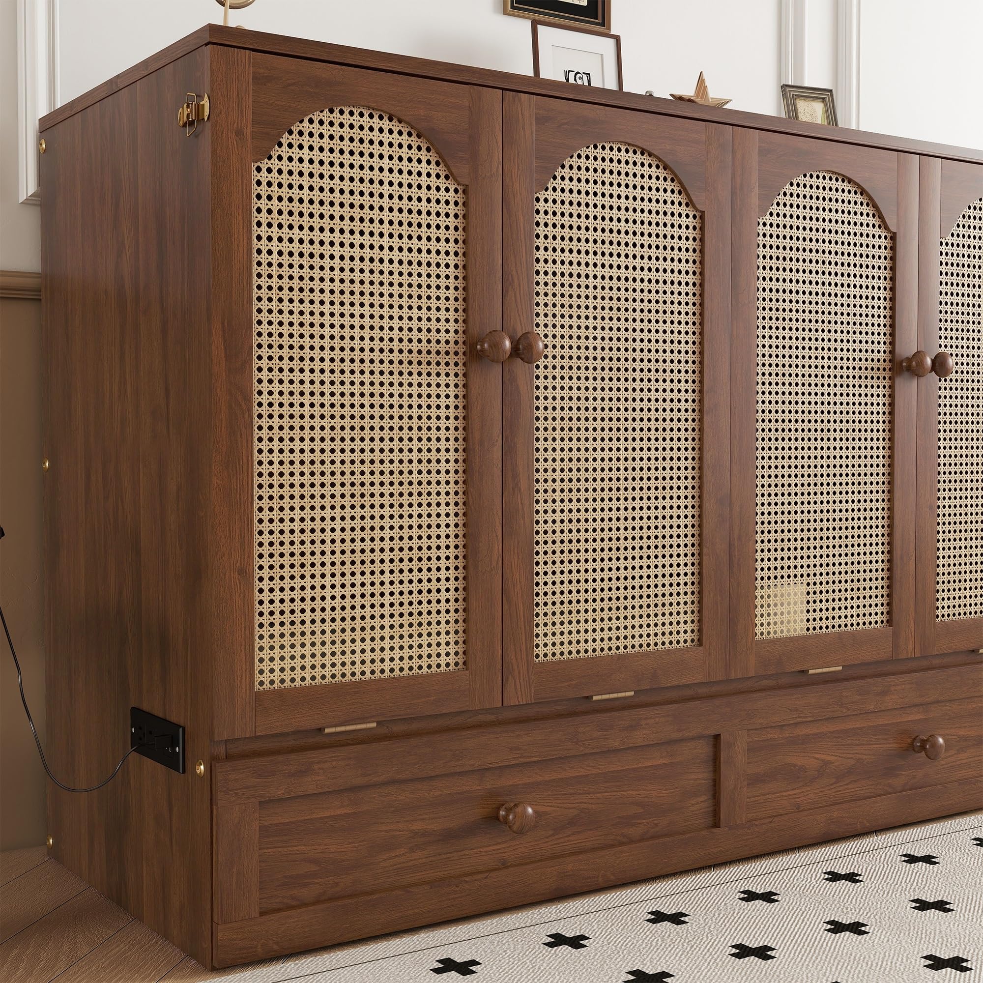 KEIKI Queen Size Murphy Bed Cabinet with Power Station & Large Drawer, Pine Wood Folding Chest Bed with Rattan Panel, Space-Saving Wall Bed, Walnut