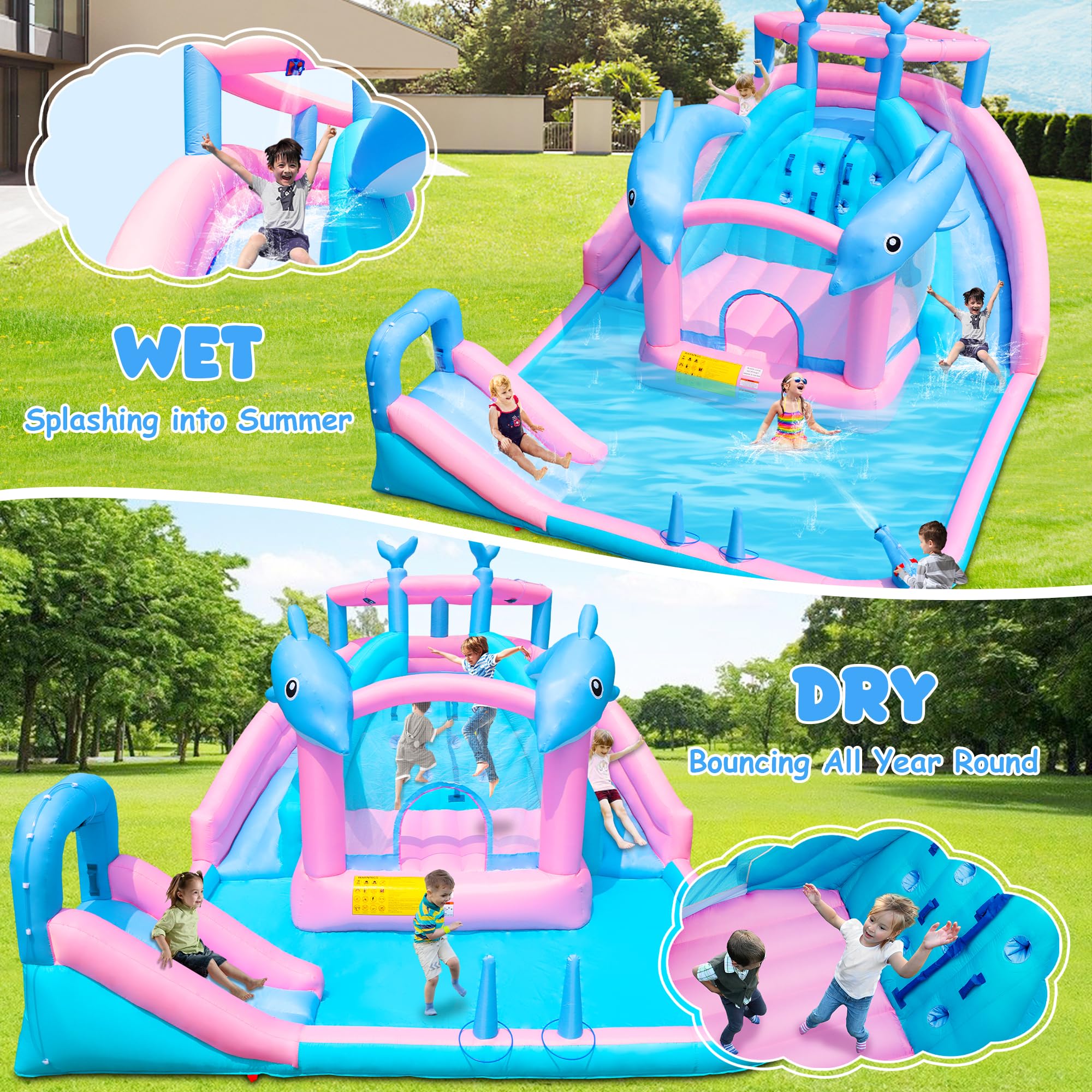 BounBounTime Inflatable Water Slide, Dolphin Bounce House for Kids 3-12, Water Park with Blower, Splash Pool, Climbing Wall, Water Cannon, Bouncy Castle for Backyard Summer Fun, 195 x 162 x 104 inches
