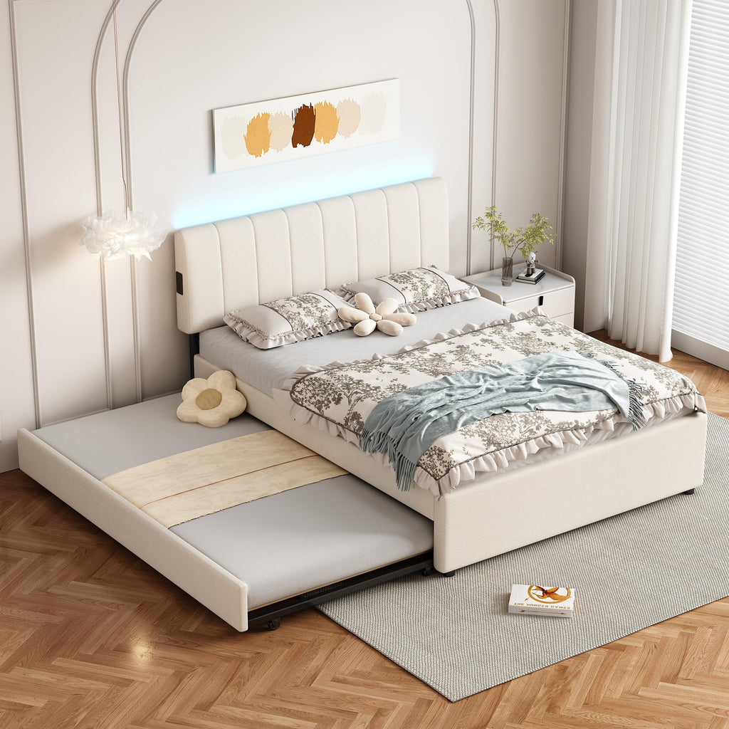 FAVSH Full Size Upholstered Platform Bed with Trundle and 1 Sets of USB, Chenille Fabric Solid Wood Bedframe w/Wood Slats & LED Lights with APP for Bedroom,Beige