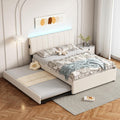FAVSH Full Size Upholstered Platform Bed with Trundle and 1 Sets of USB, Chenille Fabric Solid Wood Bedframe w/Wood Slats & LED Lights with APP for Bedroom,Beige