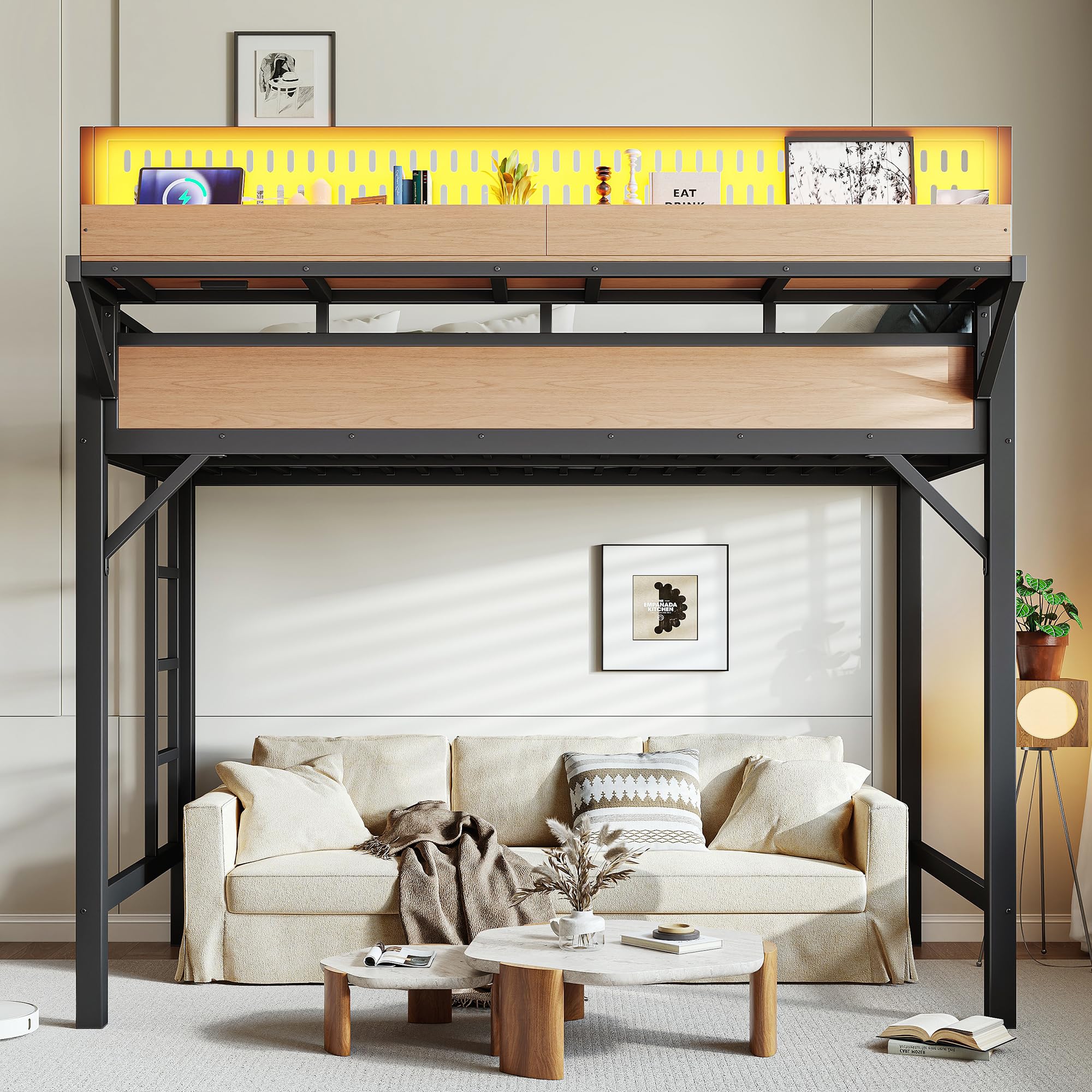 DNYN Metal Loft Bed with Storage Guardrails and Pegboard for Teens Bedroom/Dorm, Twin XL Size Loft Bed Frame with USB Ports and LED, Space-Saving Design & No Box Spring Needed