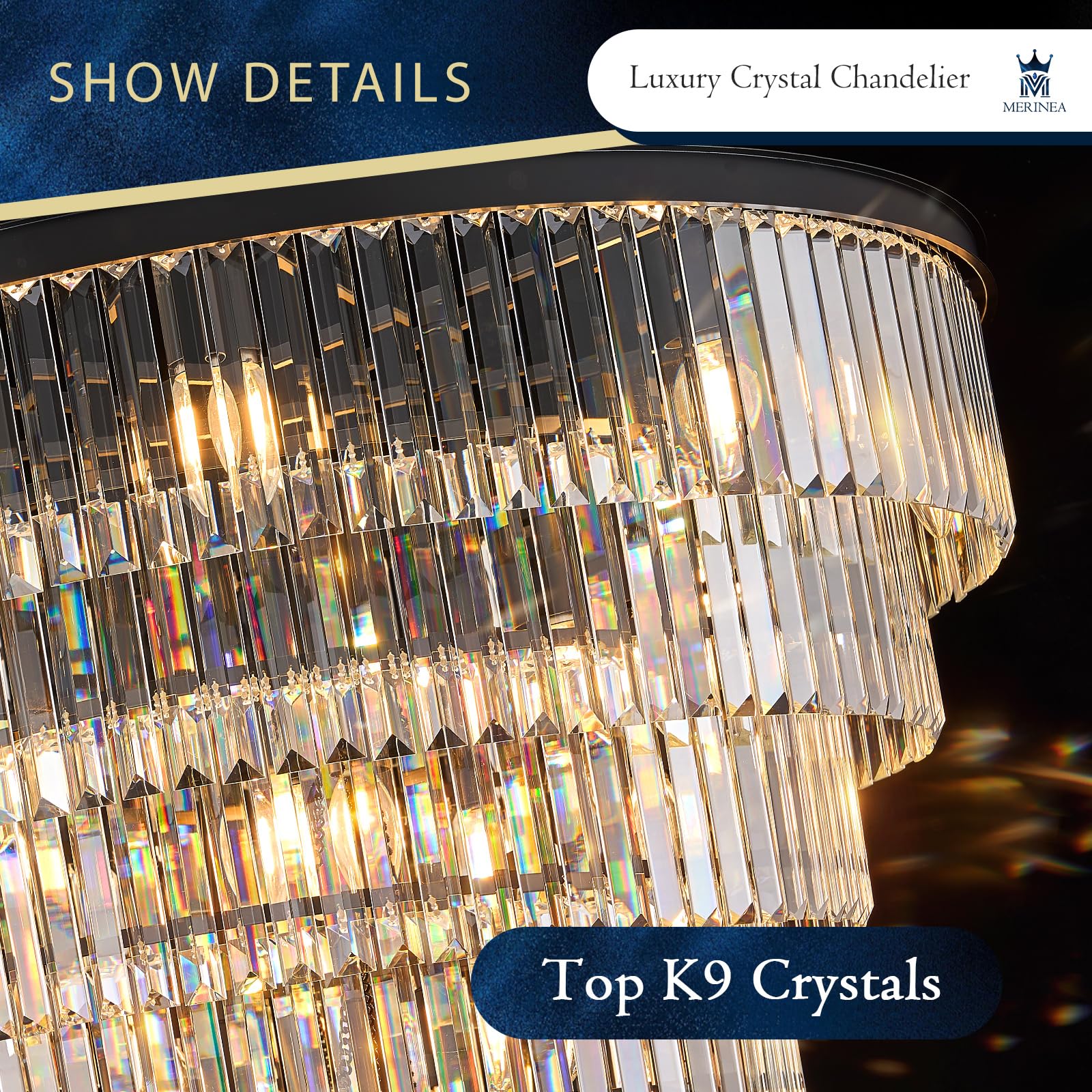MERINEA Large Black Crystal Chandelier 36" Round Chandeliers for Staircase Modern 22 Lights 7-Tier Luxury K9 Crystal Ceiling Pendant Lighting Fixture for High Ceiling Living Room Foyer