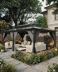 12'x20' Hardtop Gazebo, Permanent Outdoor Pavilion Gazebo with Double Polycarbonate Roof, UV Protection, Aluminum Alloy Frame, Netting & Curtains Included for Patio/Backyard/Lawn/Garden, Gray
