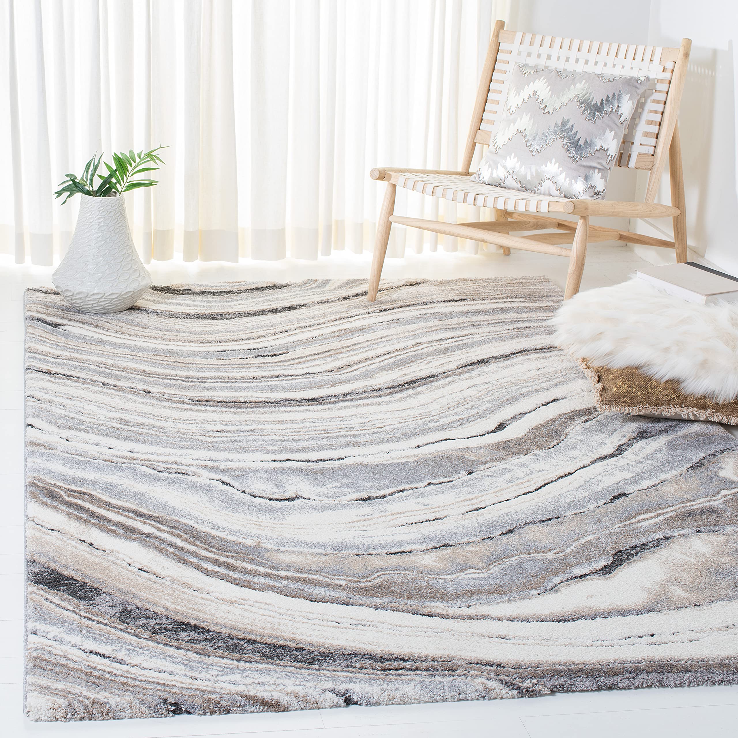 SAFAVIEH Cyrus Shag Collection Area Rug - 9' x 12', Ivory & Grey, Modern Abstract Design, Non-Shedding & Easy Care, 0.8-inch Thick Ideal for High Traffic Areas in Living Room, Bedroom (CYR124A)