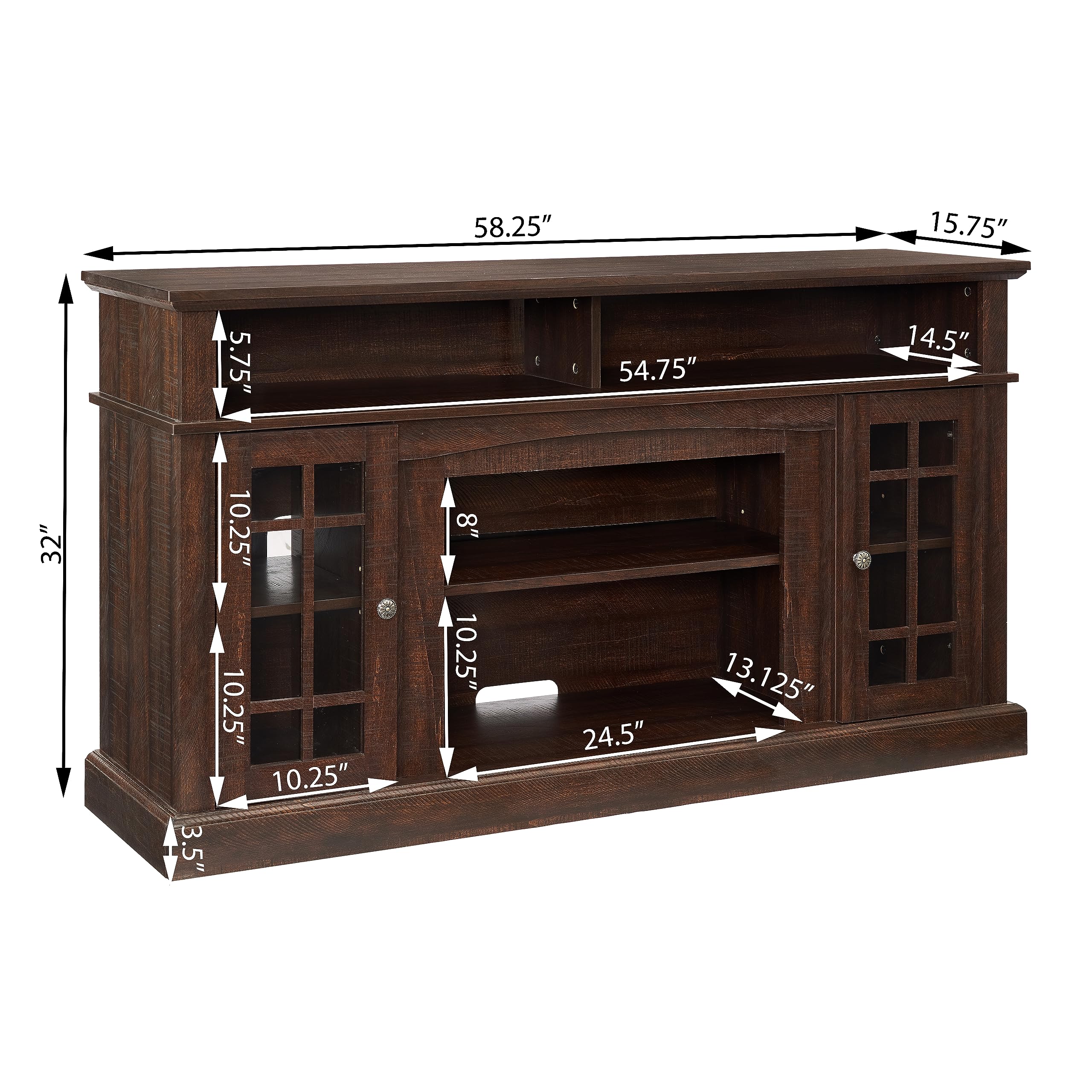 Trygoal Farmhouse TV Stand for 60 Inch TV, 58" Wood Entertainment Center with Glass Doors & 5 Cable Routing Holes, Sturdy Media Console Table for Living Room & Bedroom, Brown