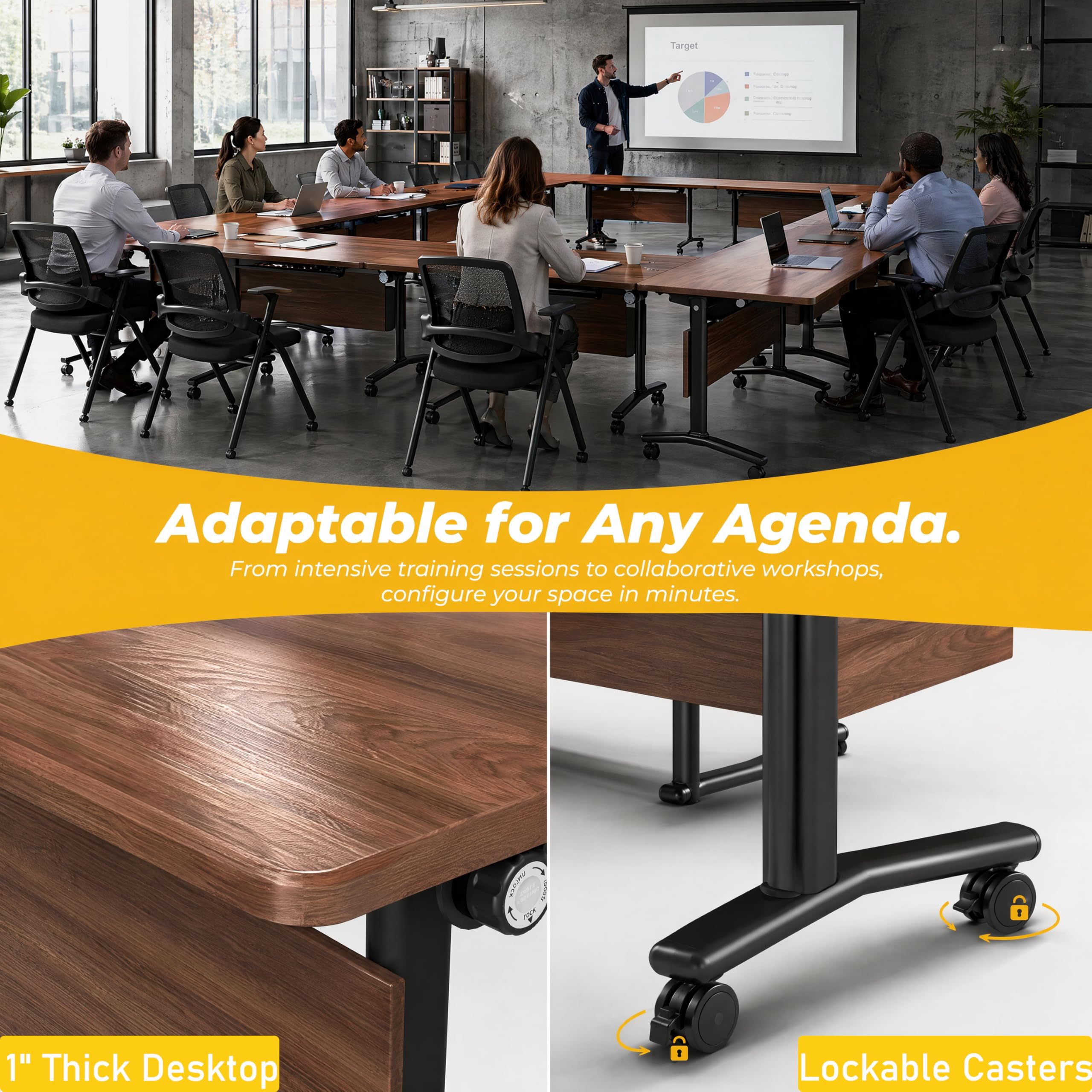 Modular Folding Conference Room Table with Wheels - 6 Pack Flip Top Mobile Training Table,Modern Meeting Tables 2-30 Person,Walnut,70.9"x21.6"x29.5"