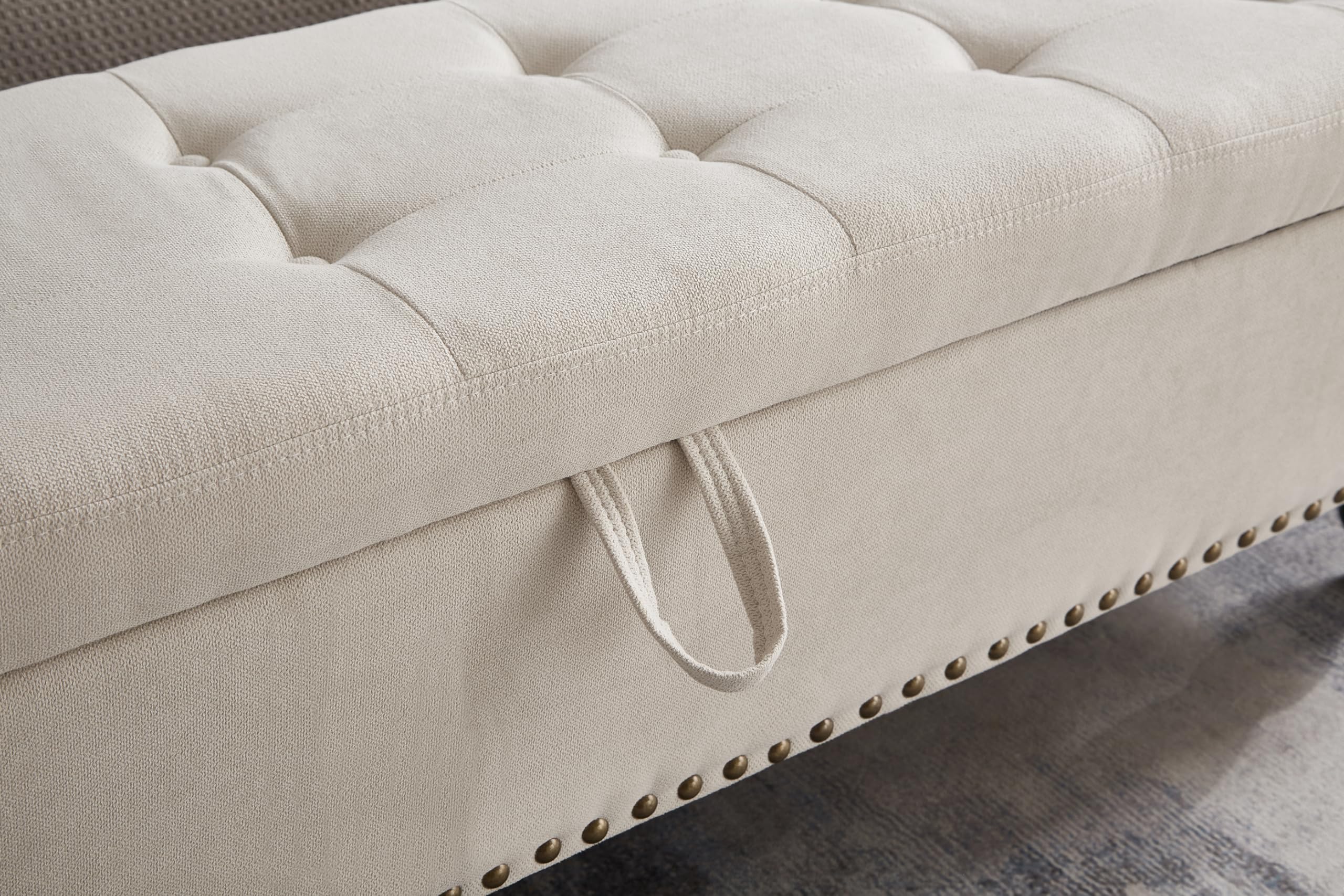 GDFStudio 59" Mid-Century Modern Rectangle Storage Ottoman Bench, Button Tufted Lift-Top Linen Ottoman Foot Rest with Solid Legs and Nailhead Trim, Upholstered Oversized Pouf for Living Room, Beige
