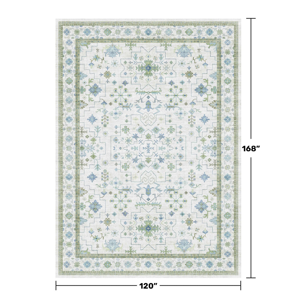 Oriental 10x14 Rug Living Room - Washable Oushak Boho Extra Large for Bedroom Non Slip Soft Faux Wool Carpet for Dining Room Playroom - Cream Blue and Green Floral Rug