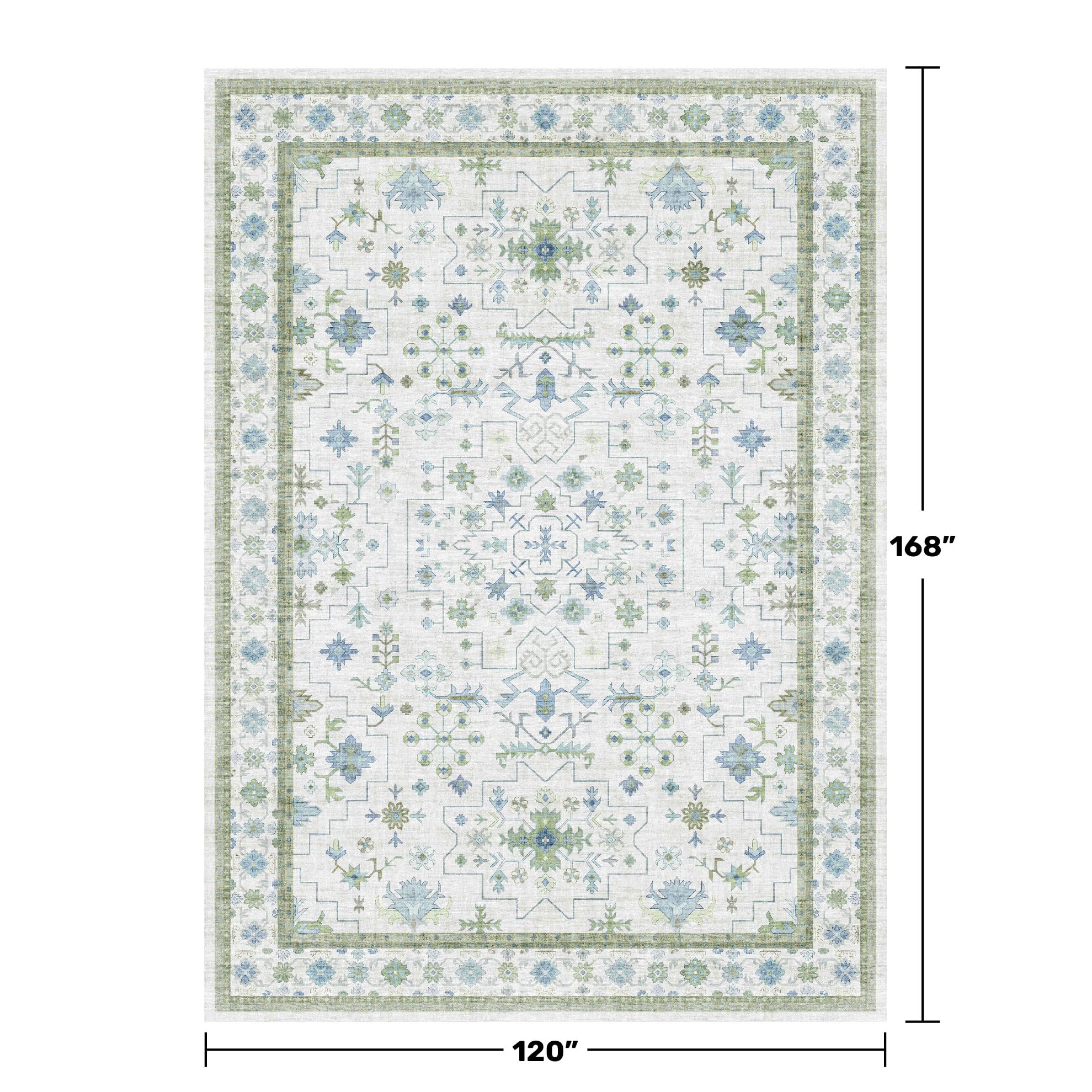 Oriental 10x14 Rug Living Room - Washable Oushak Boho Extra Large for Bedroom Non Slip Soft Faux Wool Carpet for Dining Room Playroom - Cream Blue and Green Floral Rug