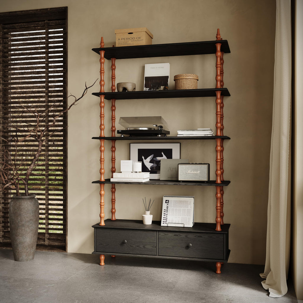 KEIKI 74.4 Inch Bookcase Shelf, 5 Tier Wood Book Shelf, Large Open Shelves with Storage Drawers, Solid Wood Veneered Free Standing Shelves for Living Room, Study Room, Black