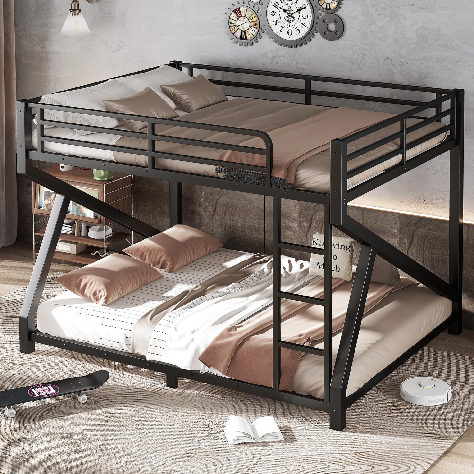Bellemave Queen Over Queen Metal Bunk Bed,Low Profile Floor Bunk Bed Frame with Angled Ladder, Heavy Duty & Noise-Free Design for Kids, Teens & Adults, Black