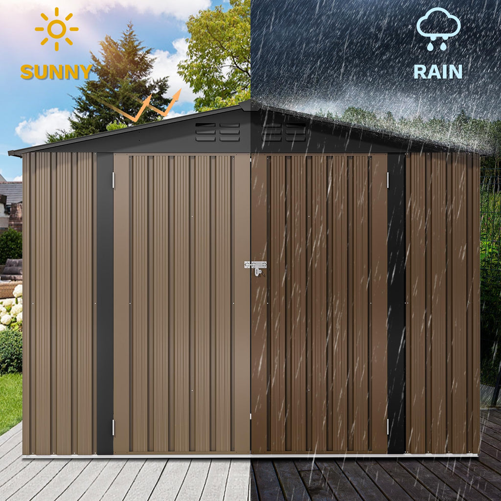 DWVO 7x5ft Metal Outdoor Storage Shed, Waterproof Tool Shed Heavy-Duty Storage Unit with Lockable Door and Vents, Ideal for Bicycles, Tools, Lawnmowers, Backyards, Patios, Lawns - Brown