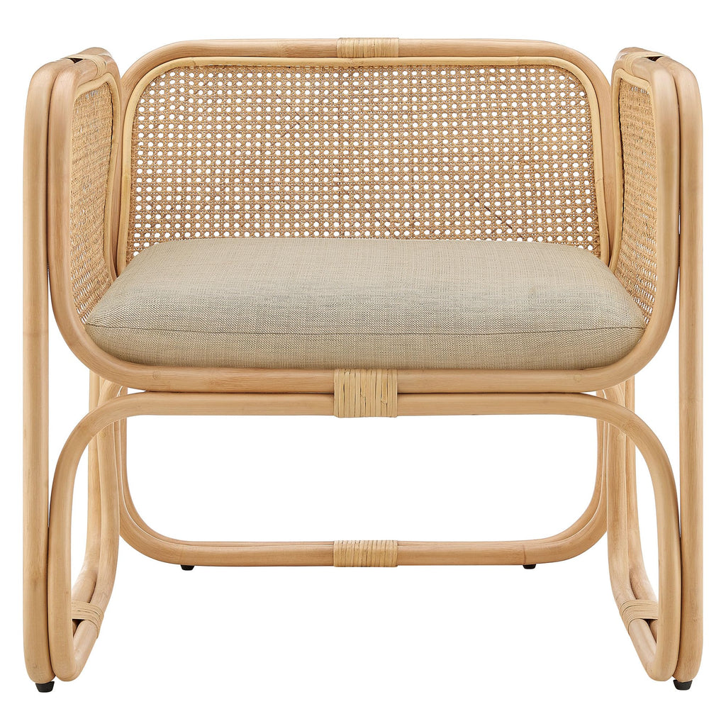 Ellis Natural Rattan Accent Armchair in Natural – Curved Low Lounge Chair with Cushioned Seat for Living Room, Sunroom, or Covered Patio