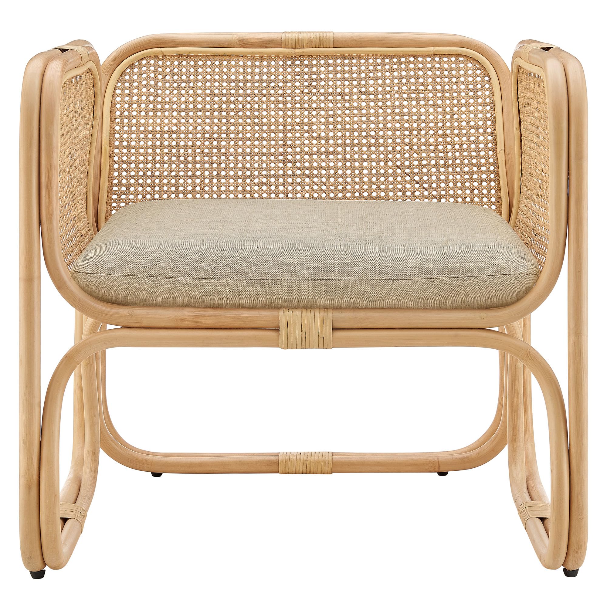 Ellis Natural Rattan Accent Armchair in Natural – Curved Low Lounge Chair with Cushioned Seat for Living Room, Sunroom, or Covered Patio