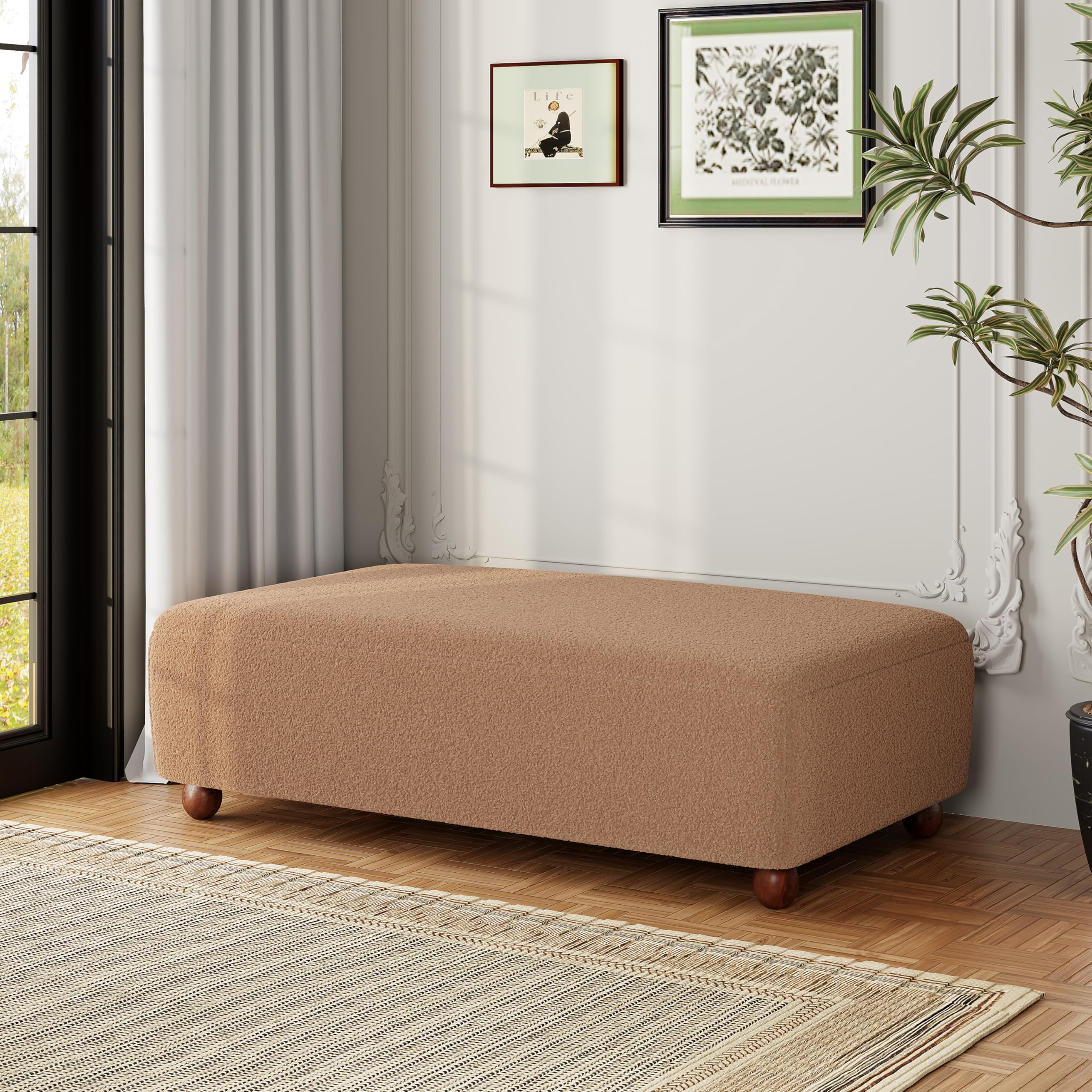 Christopher Knight Home Rika 48" Comfy Boucle Upholstered Bedroom Bench, Ottoman Bench with Rounded Wooden Legs, Spacious Seating, Long Footstool for Living Room, Entryway Bench, Tan Brown