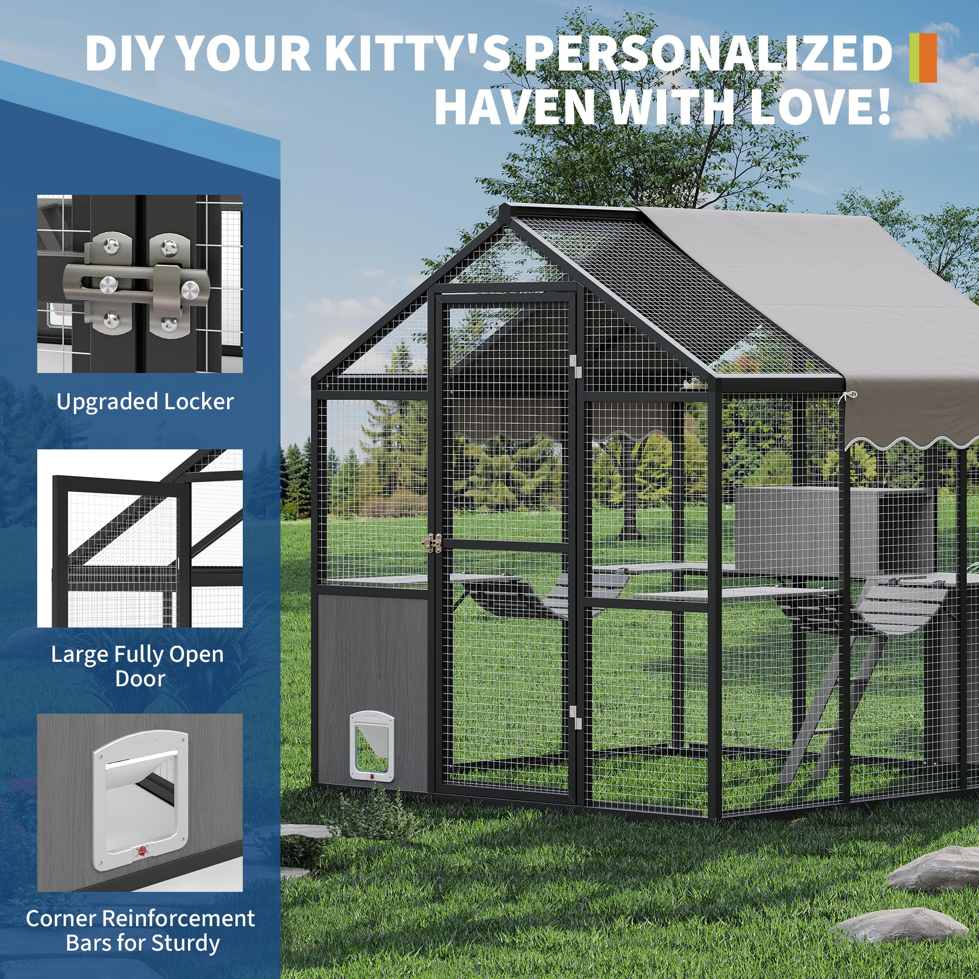 Garvee Large Outdoor Cat Enclosure for Multiple Cats - Weatherproof Catio with UV Cover, Platform & Side Door