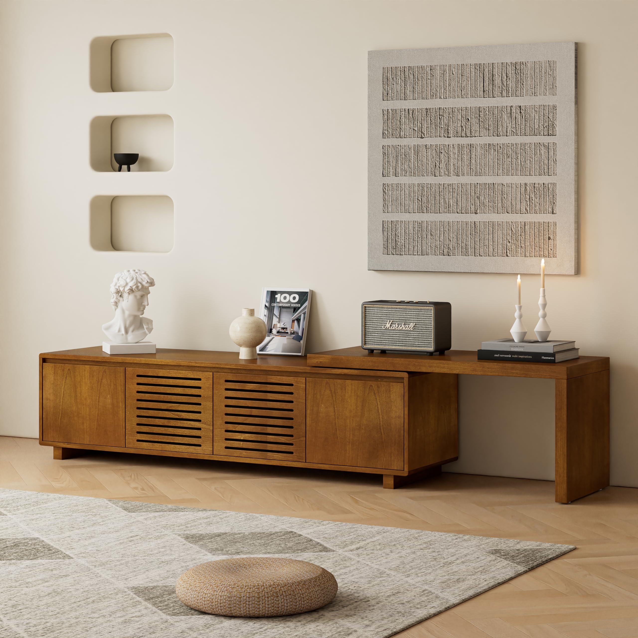 KEIKI 63" Mid-Century Modern Extendable TV Stand for TVs up to 75", Adjustable Entertainment Center with Storage, Farmhouse Media Console Cabinet with Fluted Wood Grain Design, Brown